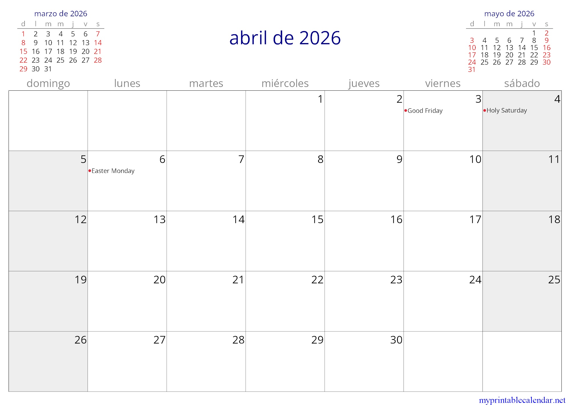 abril de 2026 monthly calendar, Seychelles, Spanish jpg