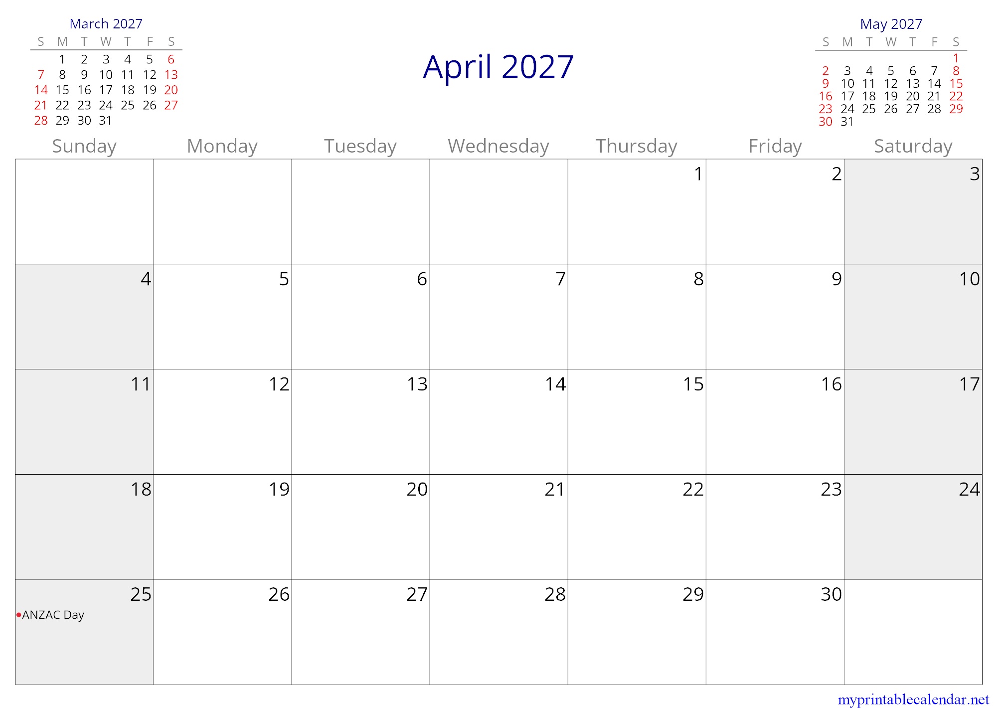 April 2027 monthly calendar, Australia, English jpg