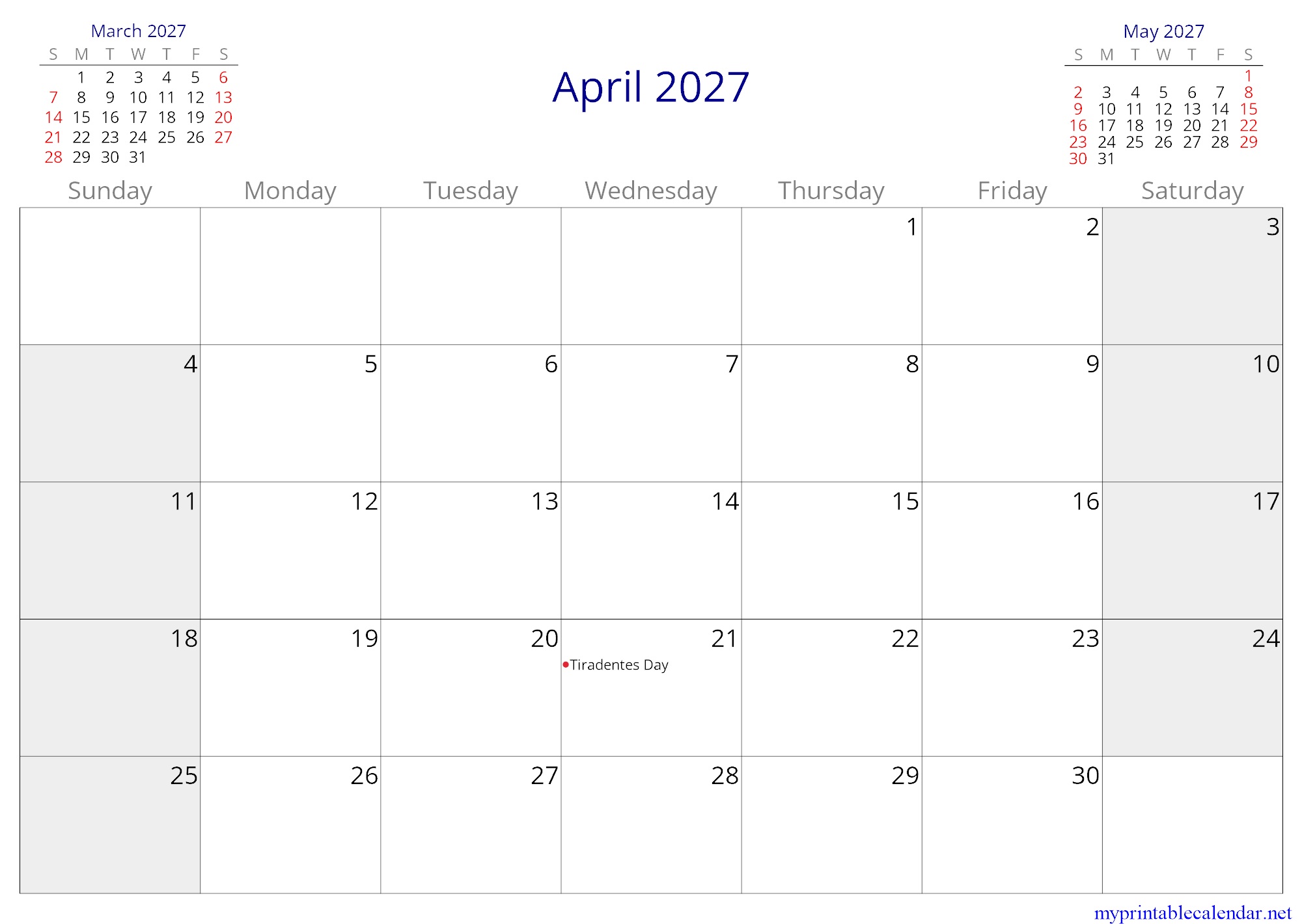 April 2027 monthly calendar, Brazil, in English jpg