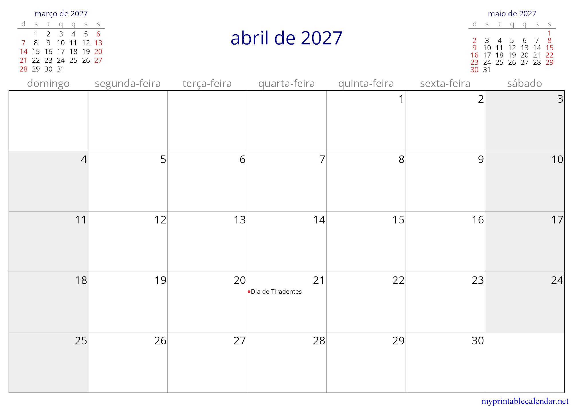 abril de 2027 monthly calendar, Brazil, Portuguese jpg