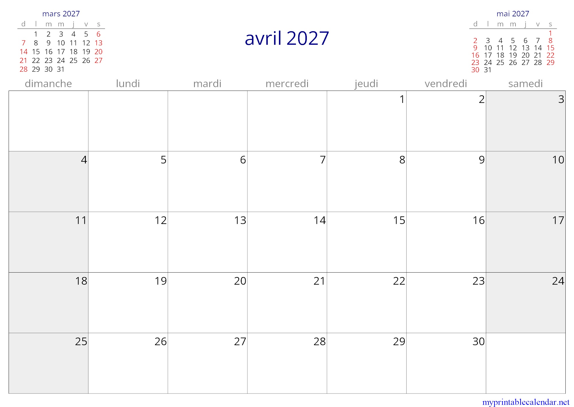 avril 2027 monthly calendar, Burkina Faso, French jpg