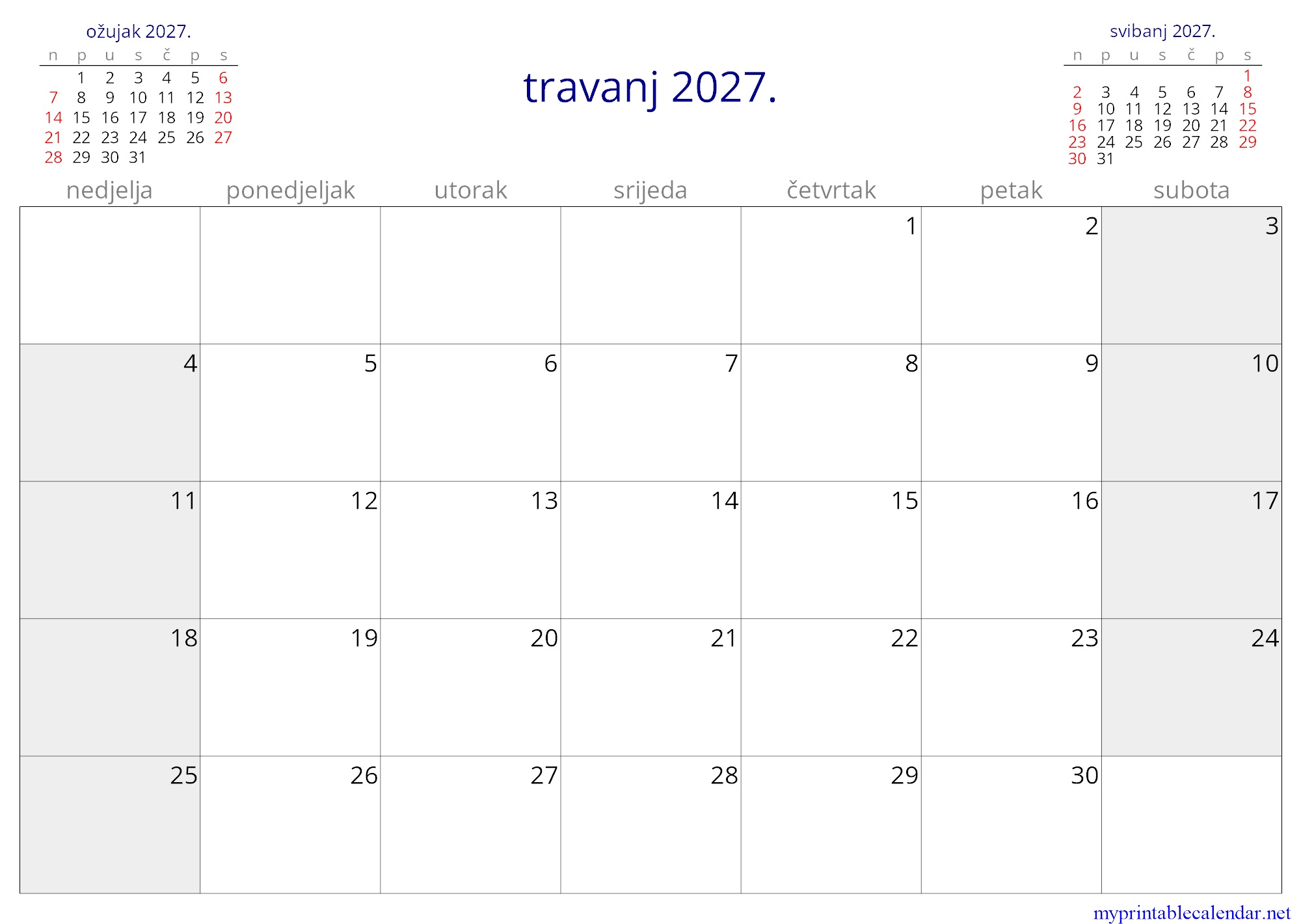 travanj 2027. monthly calendar, Croatia, Croatian jpg