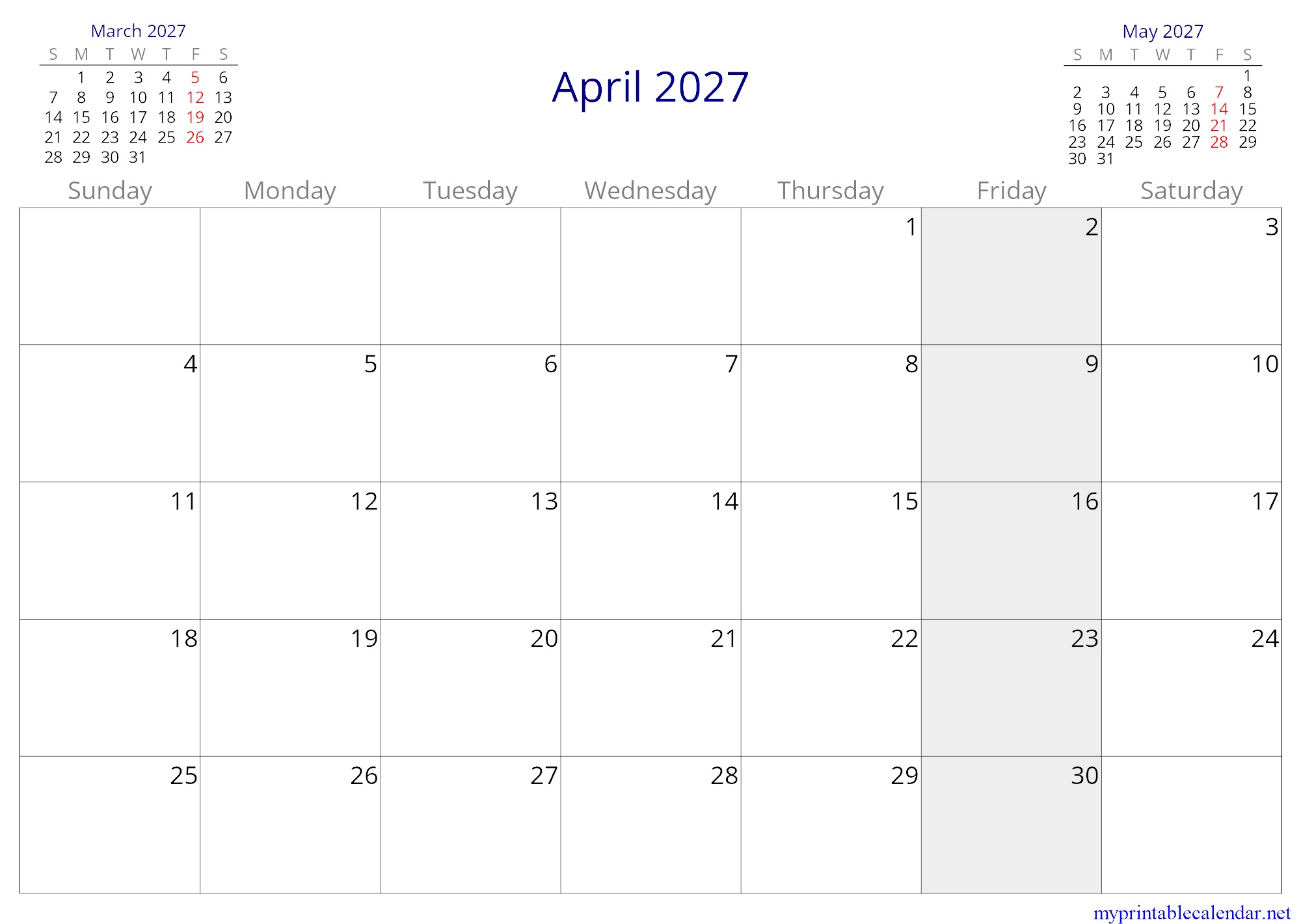 April 2027 monthly calendar, Libya, in English jpg