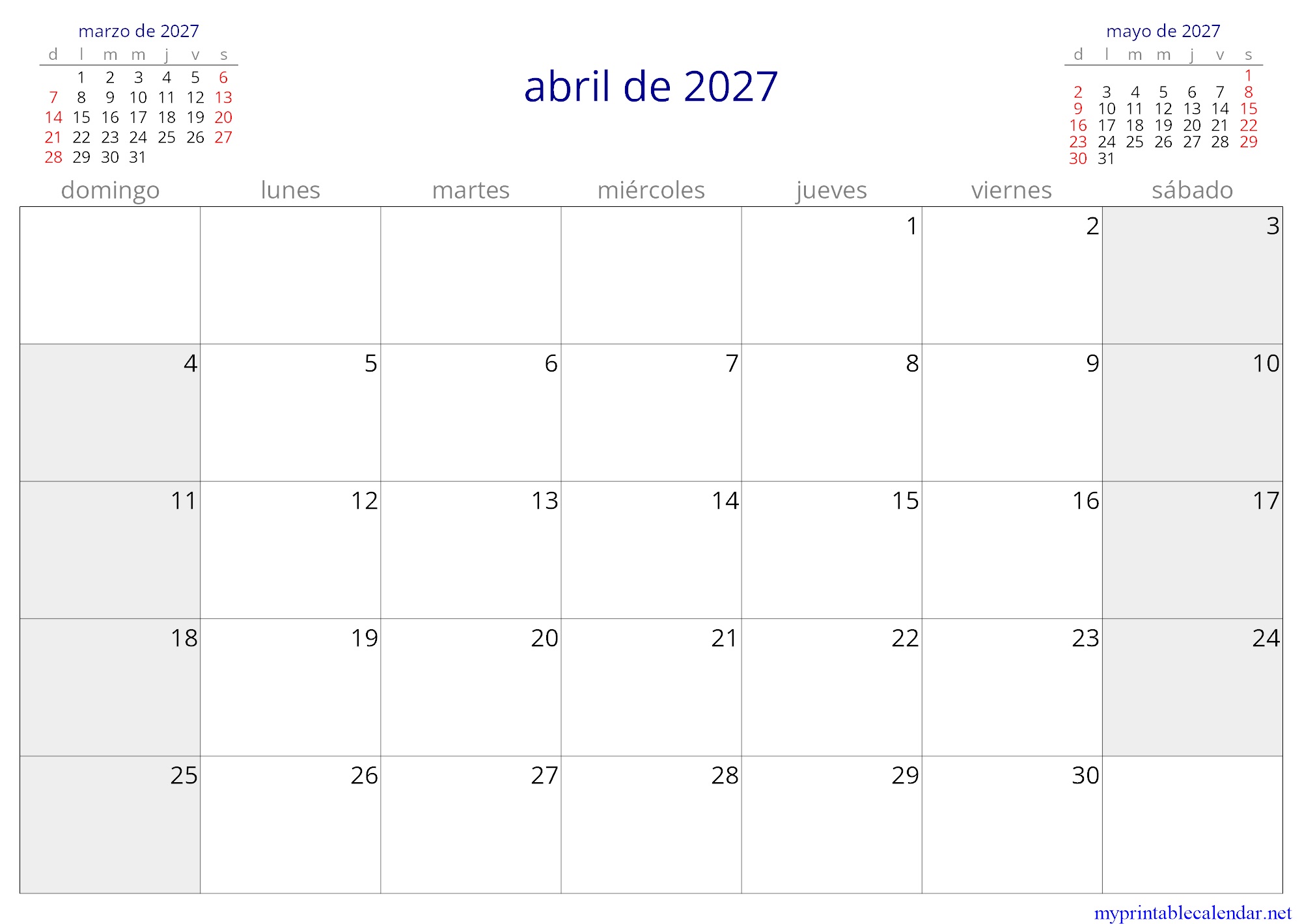 abril de 2027 monthly calendar, Mexico, Spanish jpg