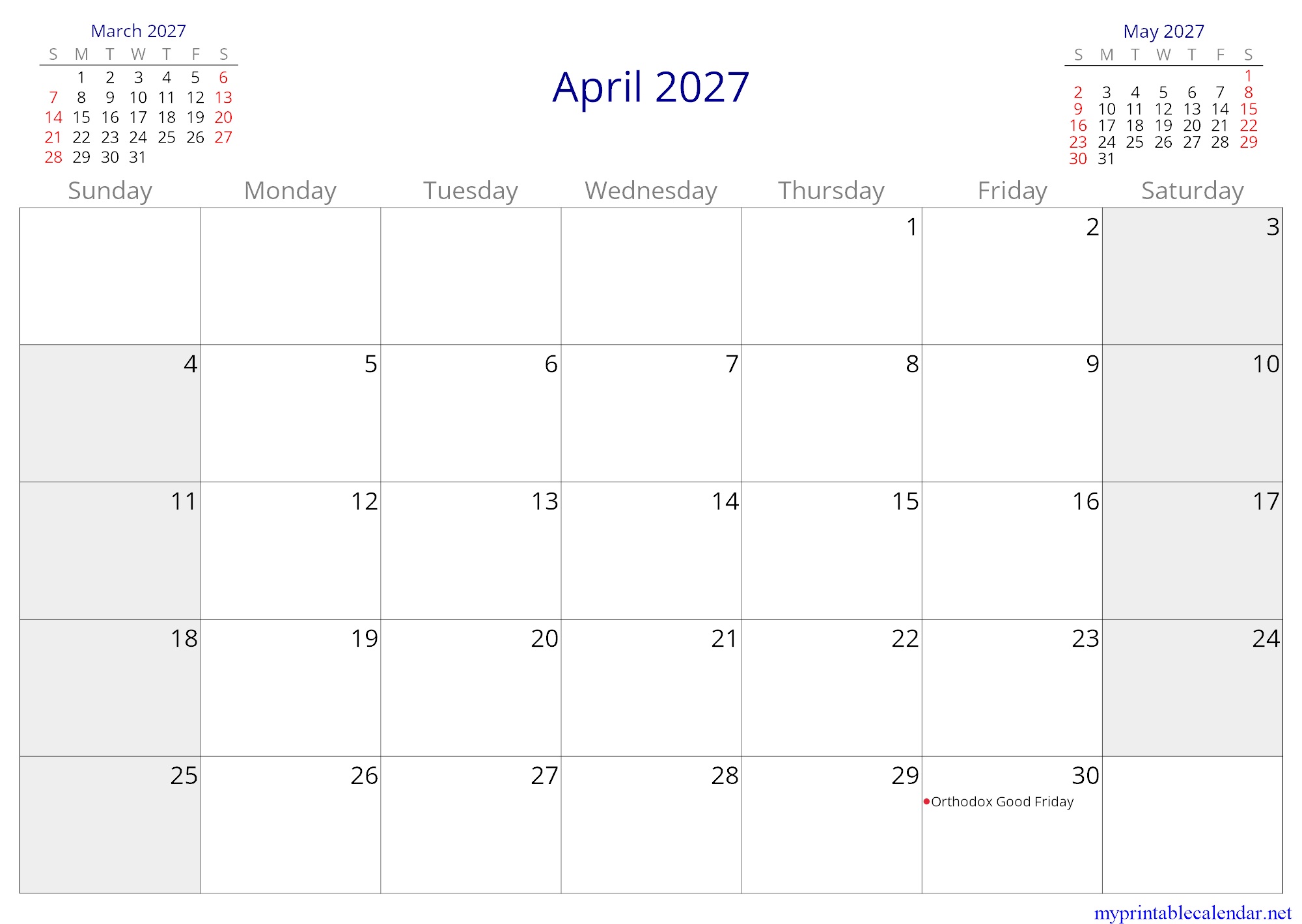 April 2027 monthly calendar, Romania, in English jpg