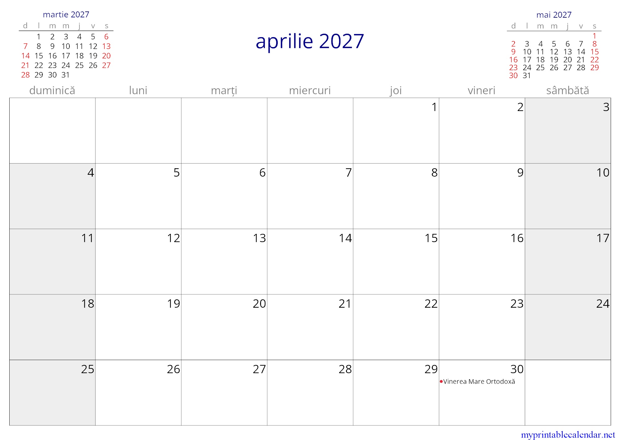 aprilie 2027 monthly calendar, Romania, Romanian jpg