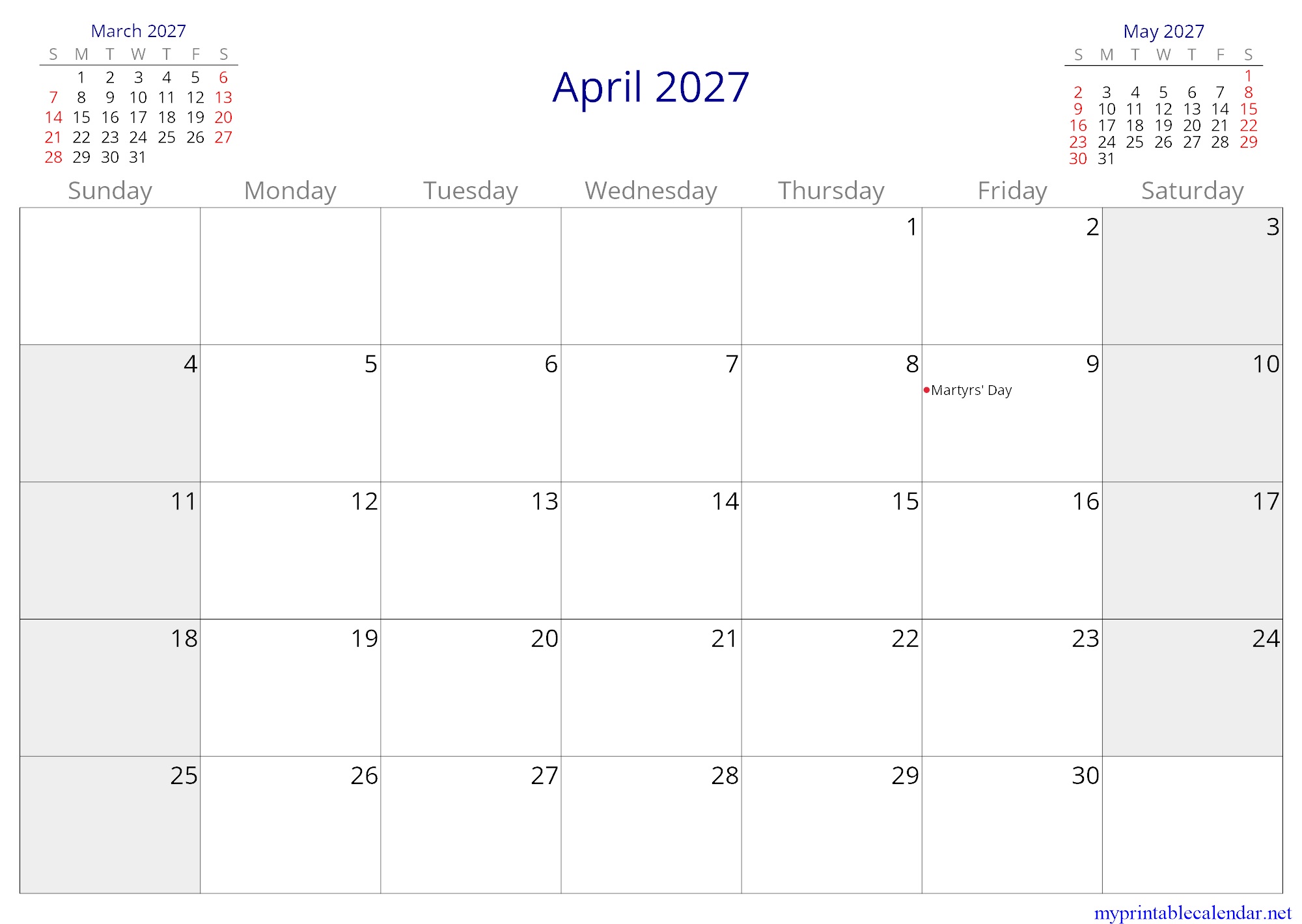 April 2027 monthly calendar, Tunisia, in English jpg