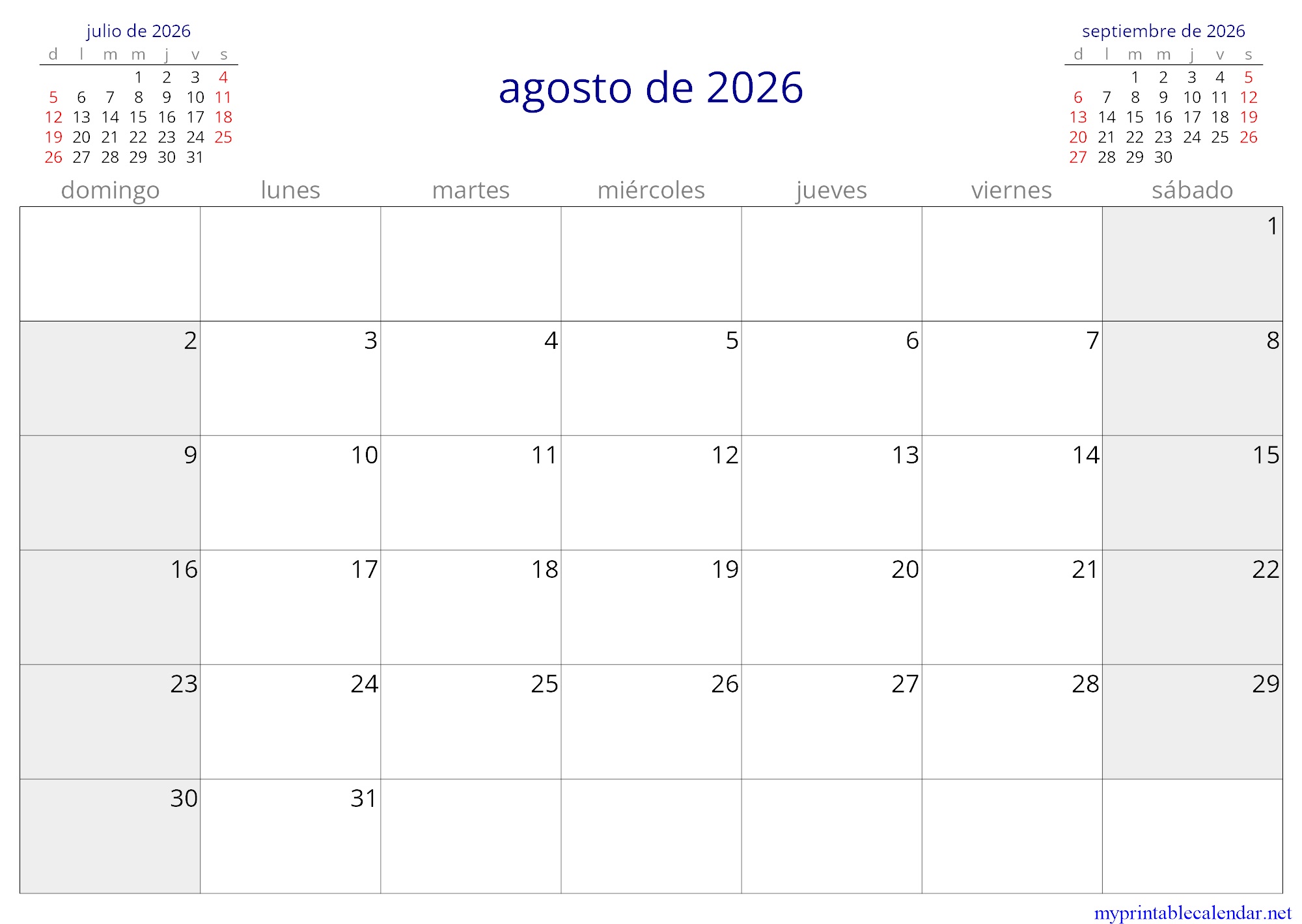 agosto de 2026 monthly calendar, Montenegro, Spanish jpg