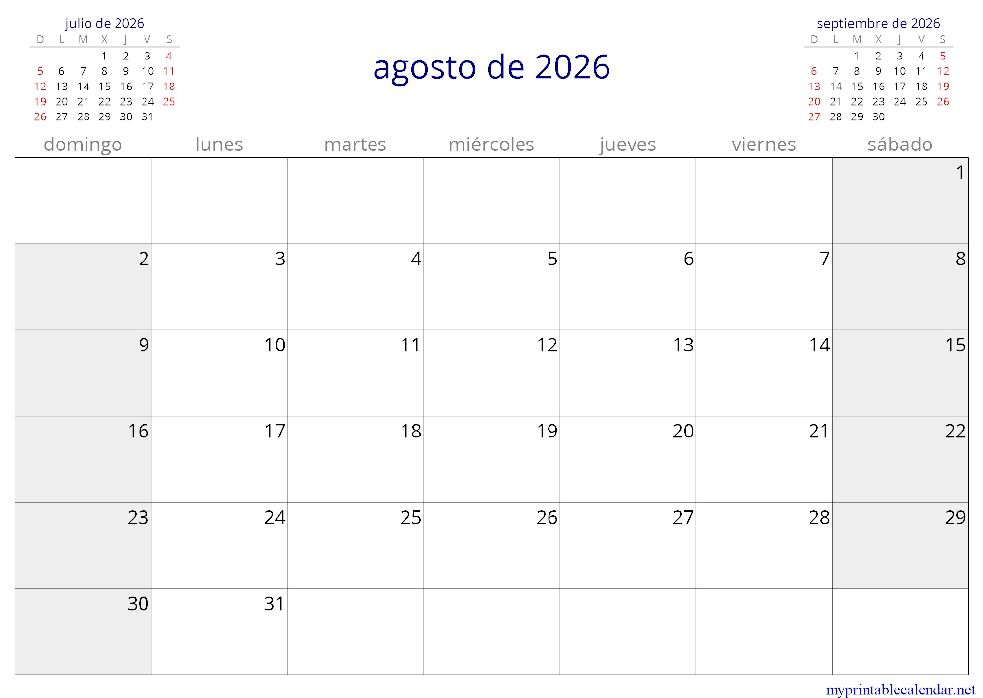 agosto de 2026 monthly calendar, Puerto Rico, Spanish jpg