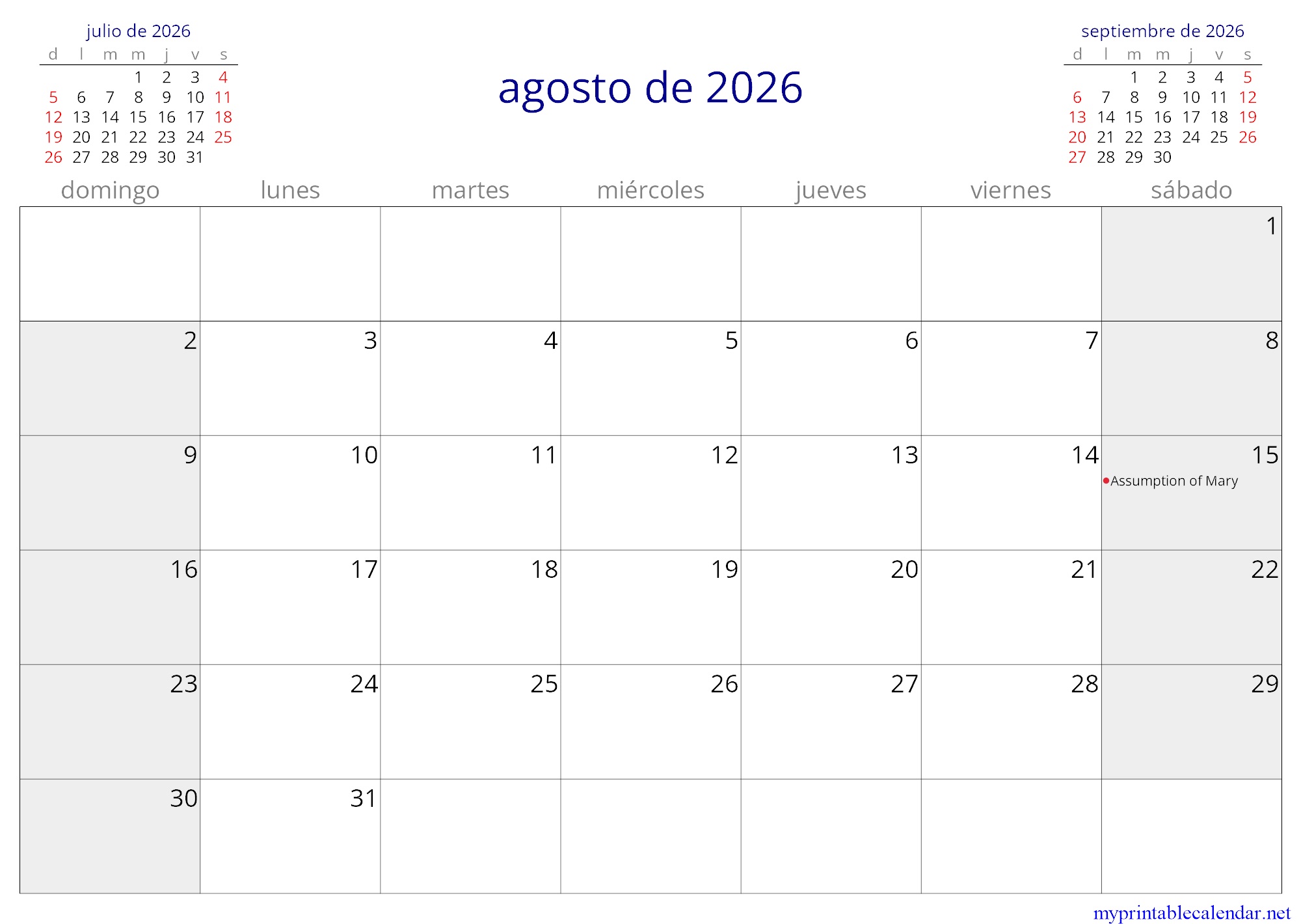agosto de 2026 monthly calendar, Seychelles, Spanish jpg
