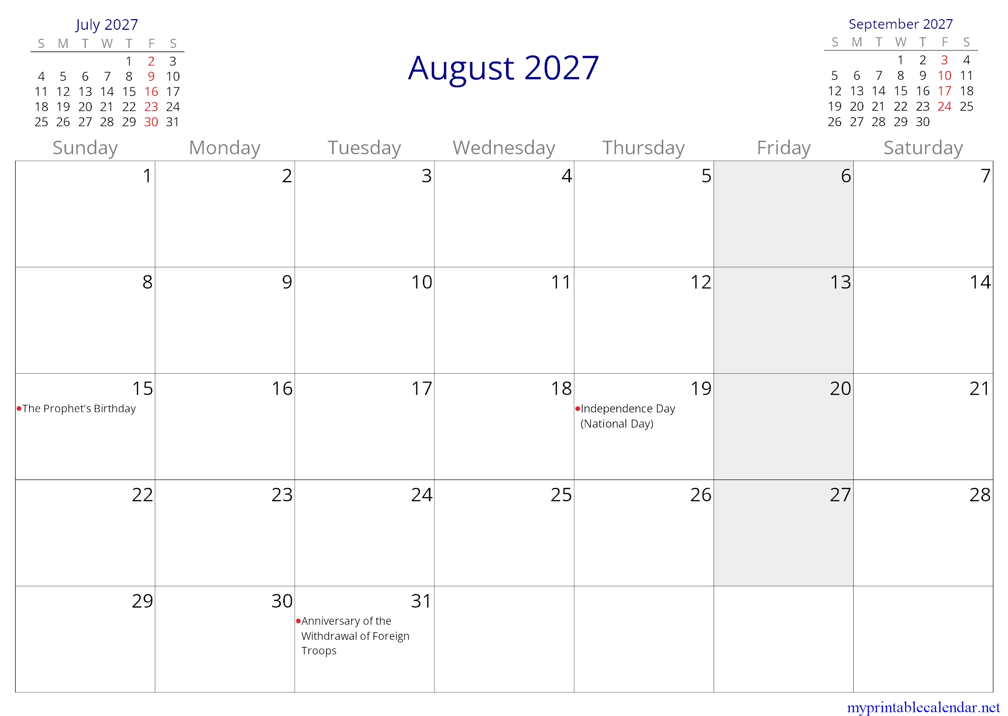 August 2027 monthly calendar, Afghanistan, English jpg