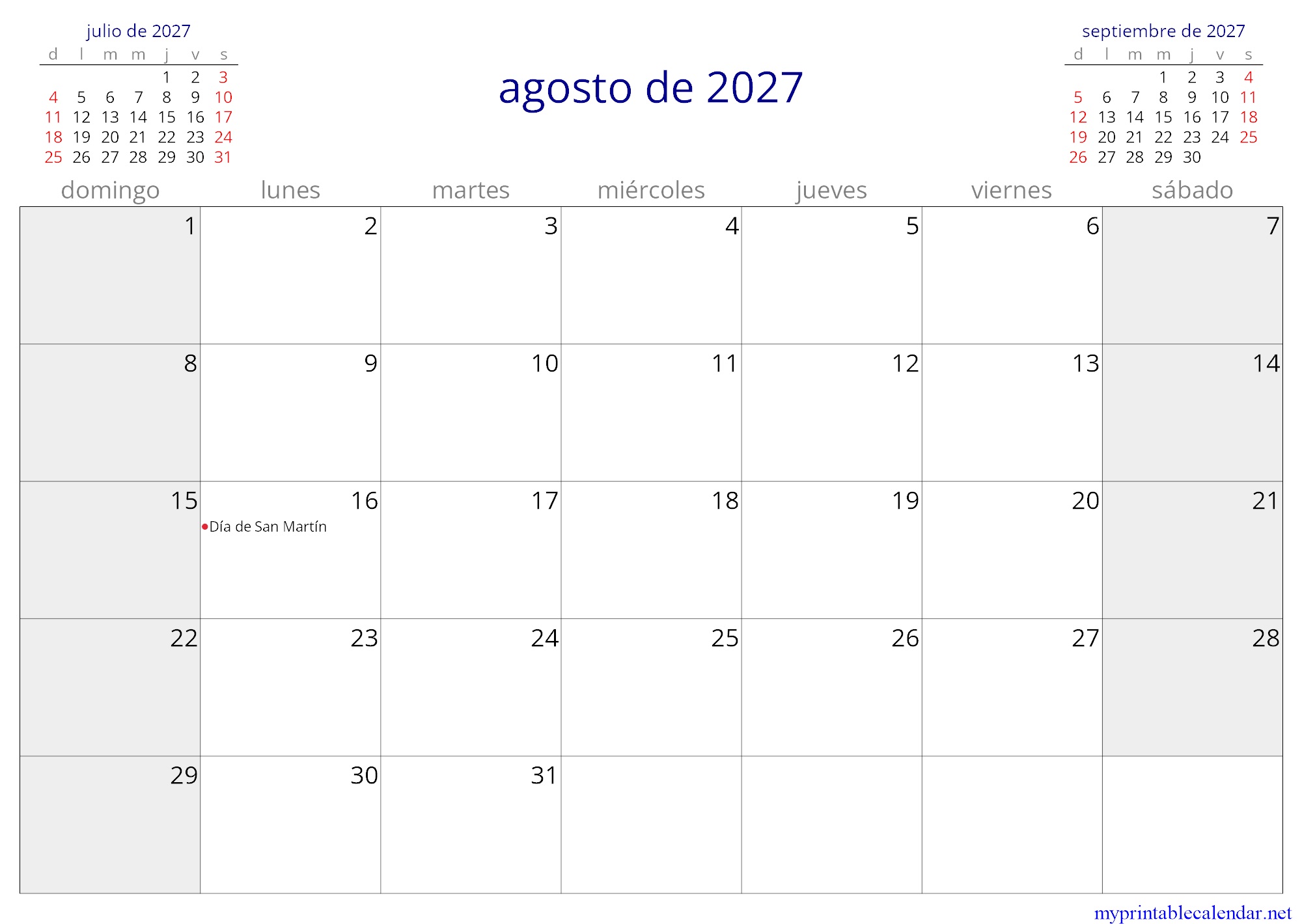 agosto de 2027 monthly calendar, Argentina, Spanish jpg