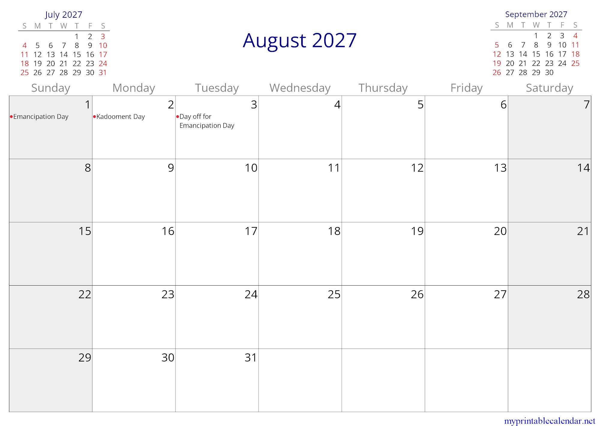 August 2027 monthly calendar, Barbados, English jpg