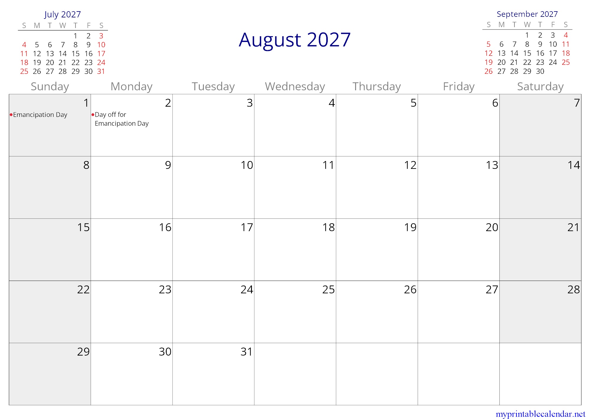 August 2027 monthly calendar, Belize, English jpg