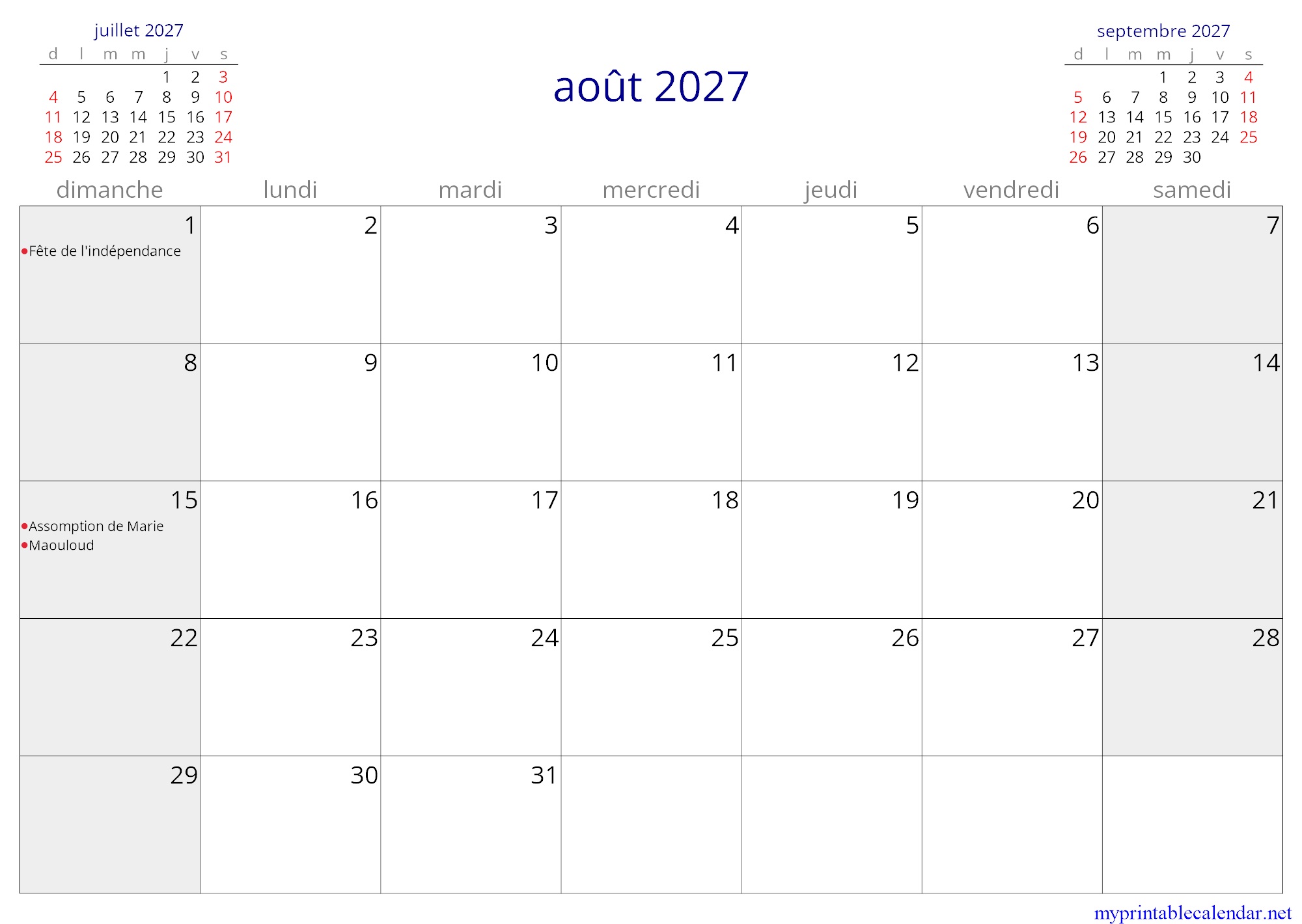 août 2027 monthly calendar, Benin, French jpg