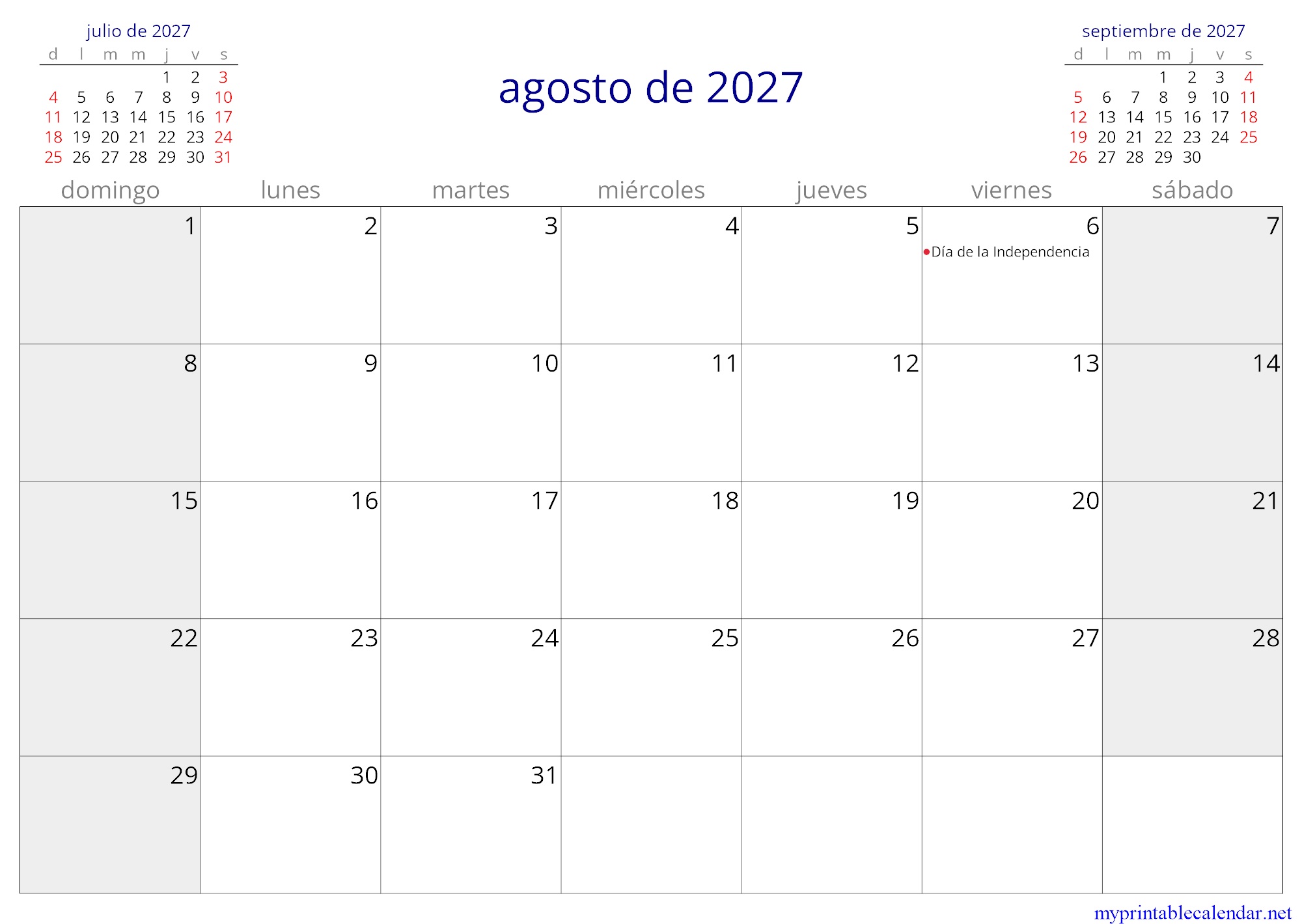 agosto de 2027 monthly calendar, Bolivia, Spanish jpg