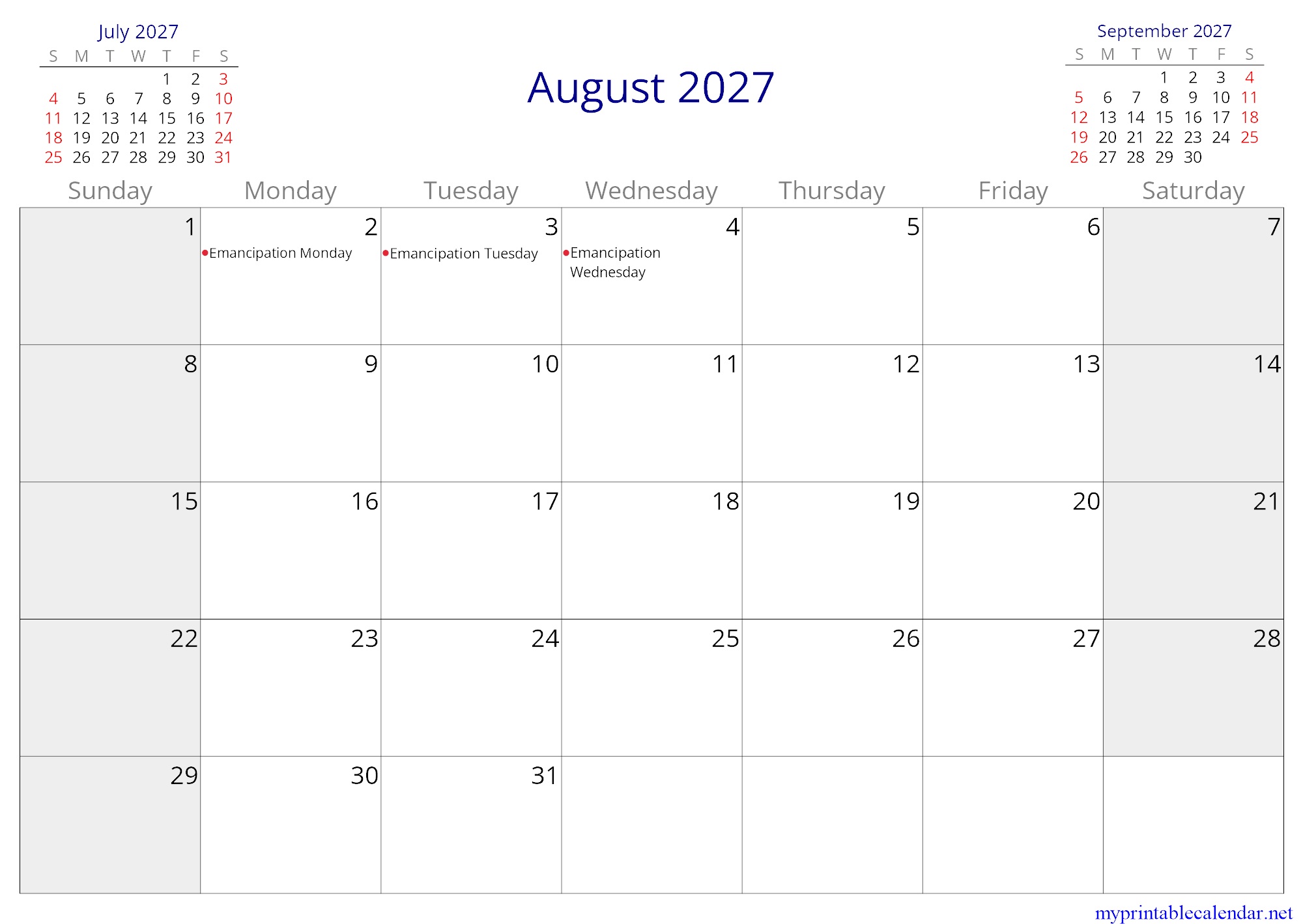 August 2027 monthly calendar, British Virgin Islands, English jpg