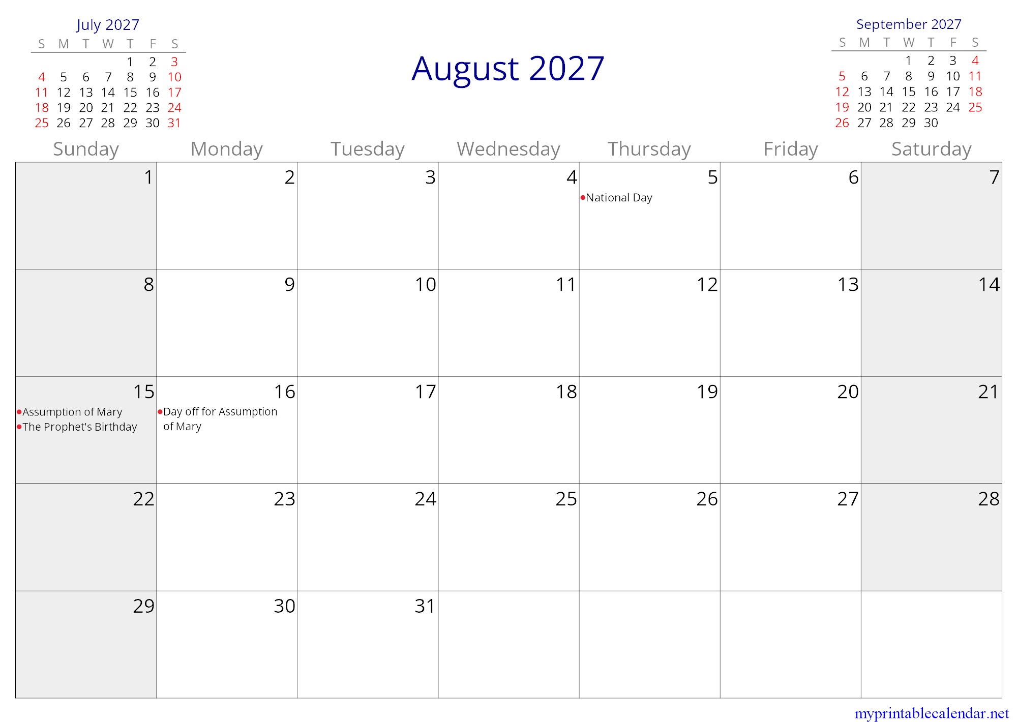 August 2027 monthly calendar, Burkina Faso, in English jpg