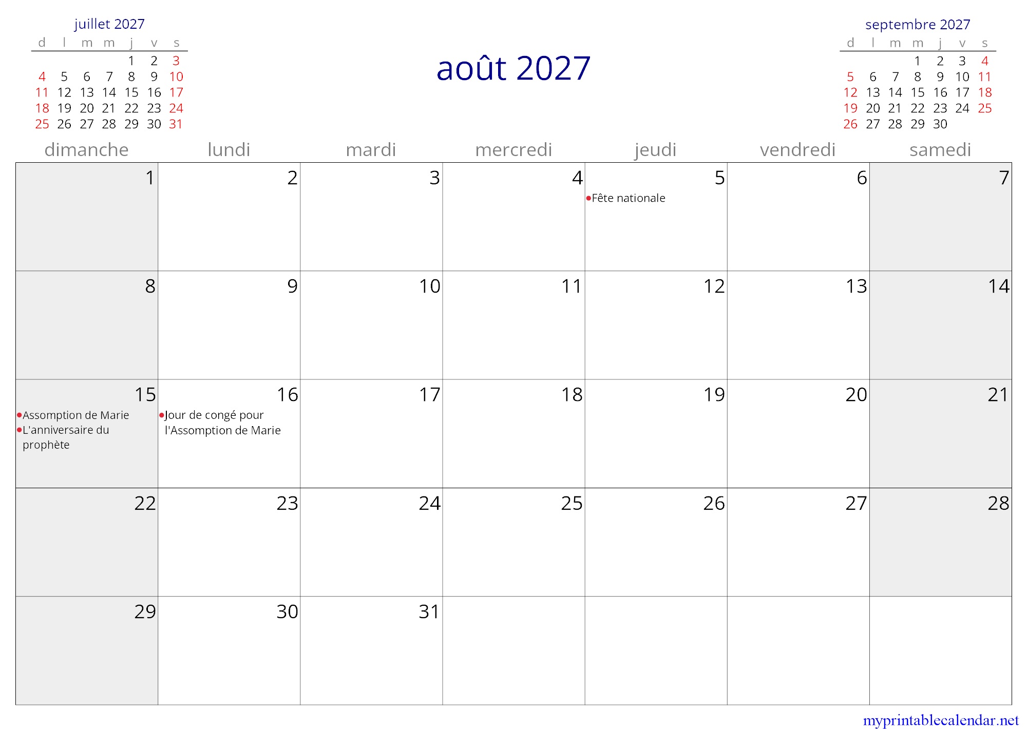 août 2027 monthly calendar, Burkina Faso, French jpg