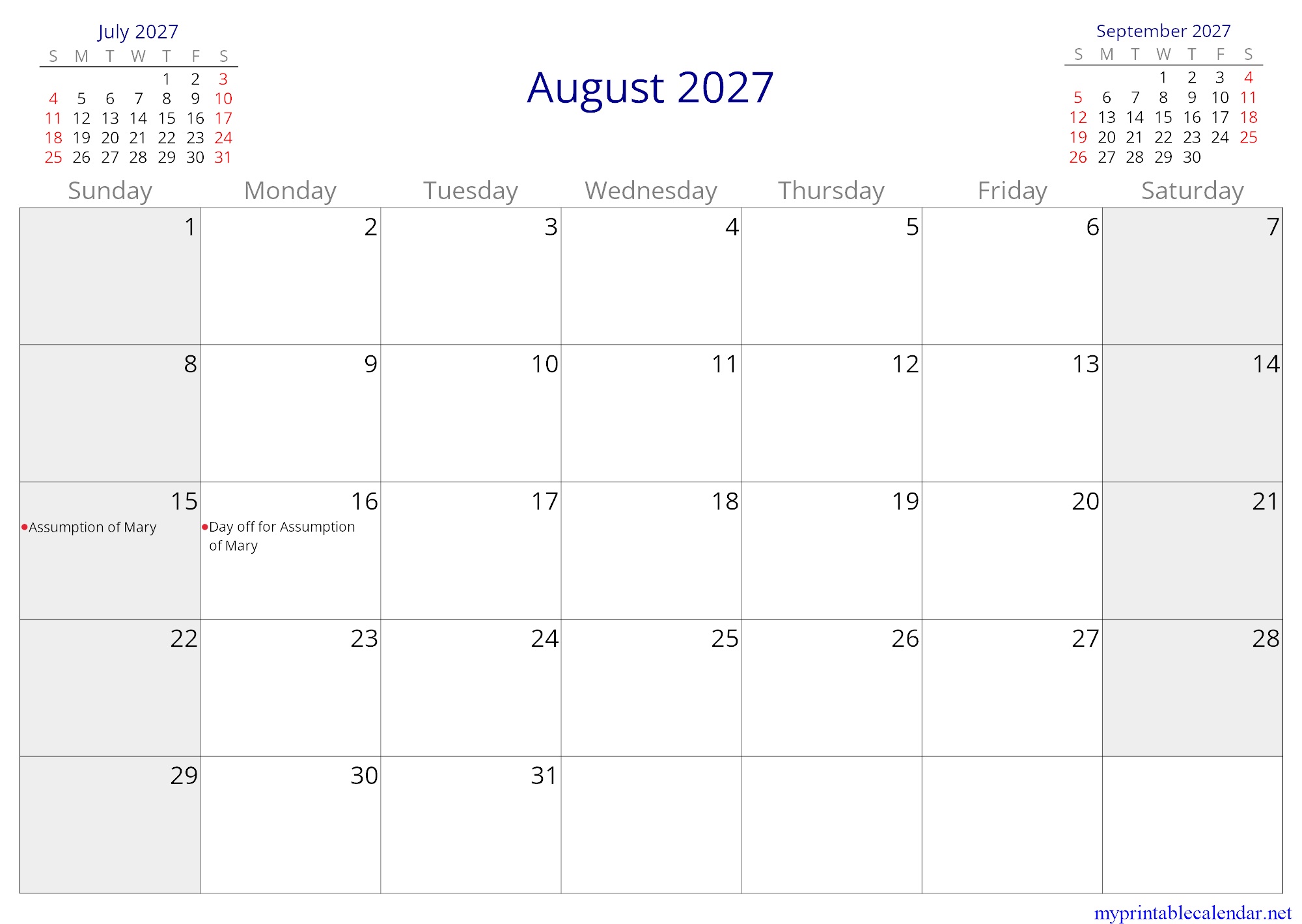 August 2027 monthly calendar, Burundi, English jpg