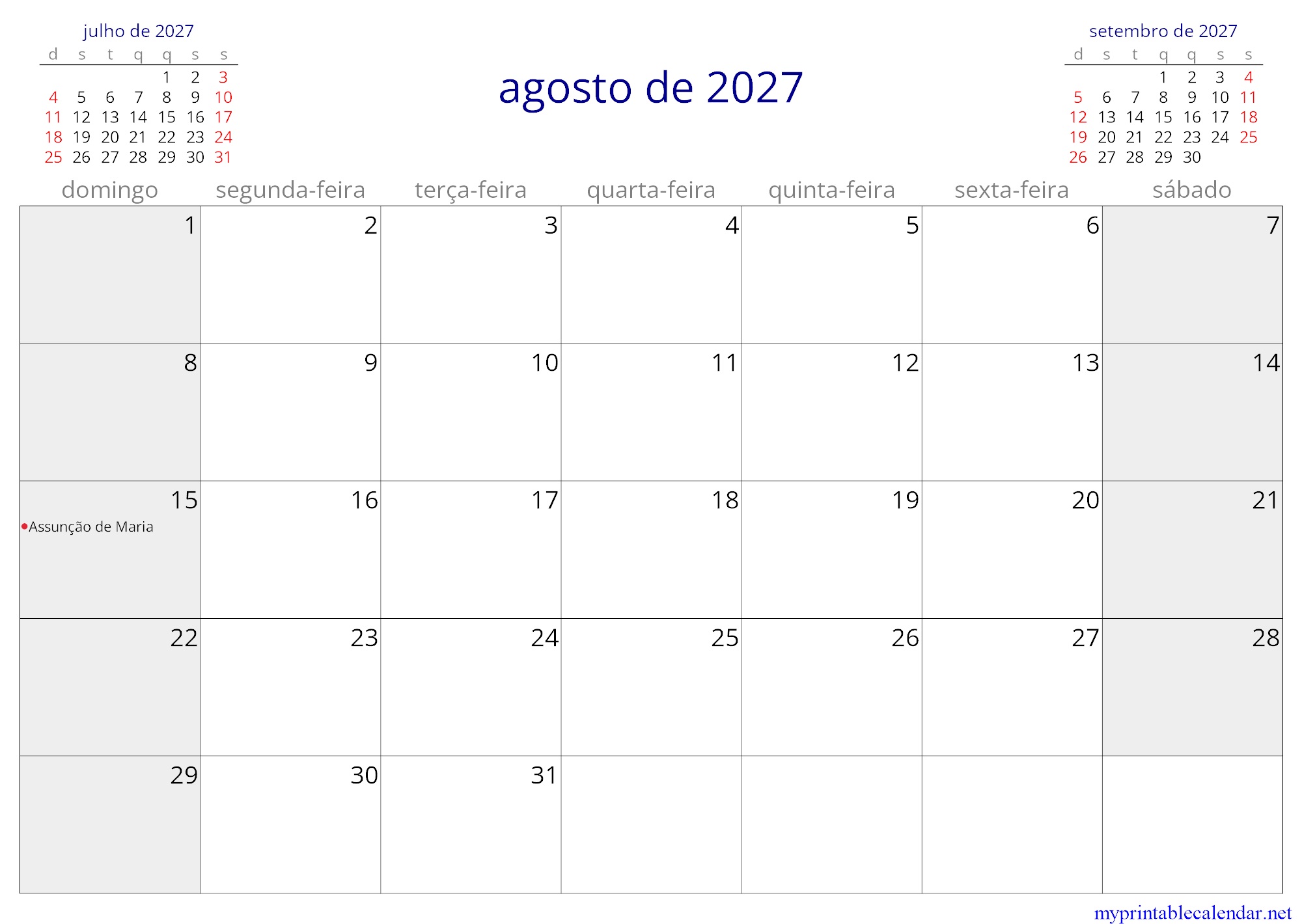 agosto de 2027 monthly calendar, Cape Verde, Portuguese jpg