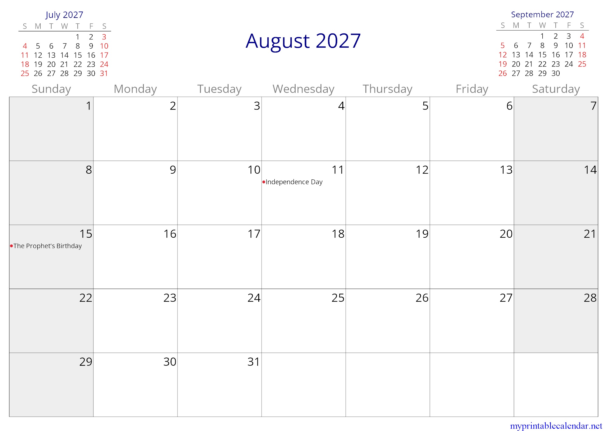 August 2027 monthly calendar, Chad, English jpg