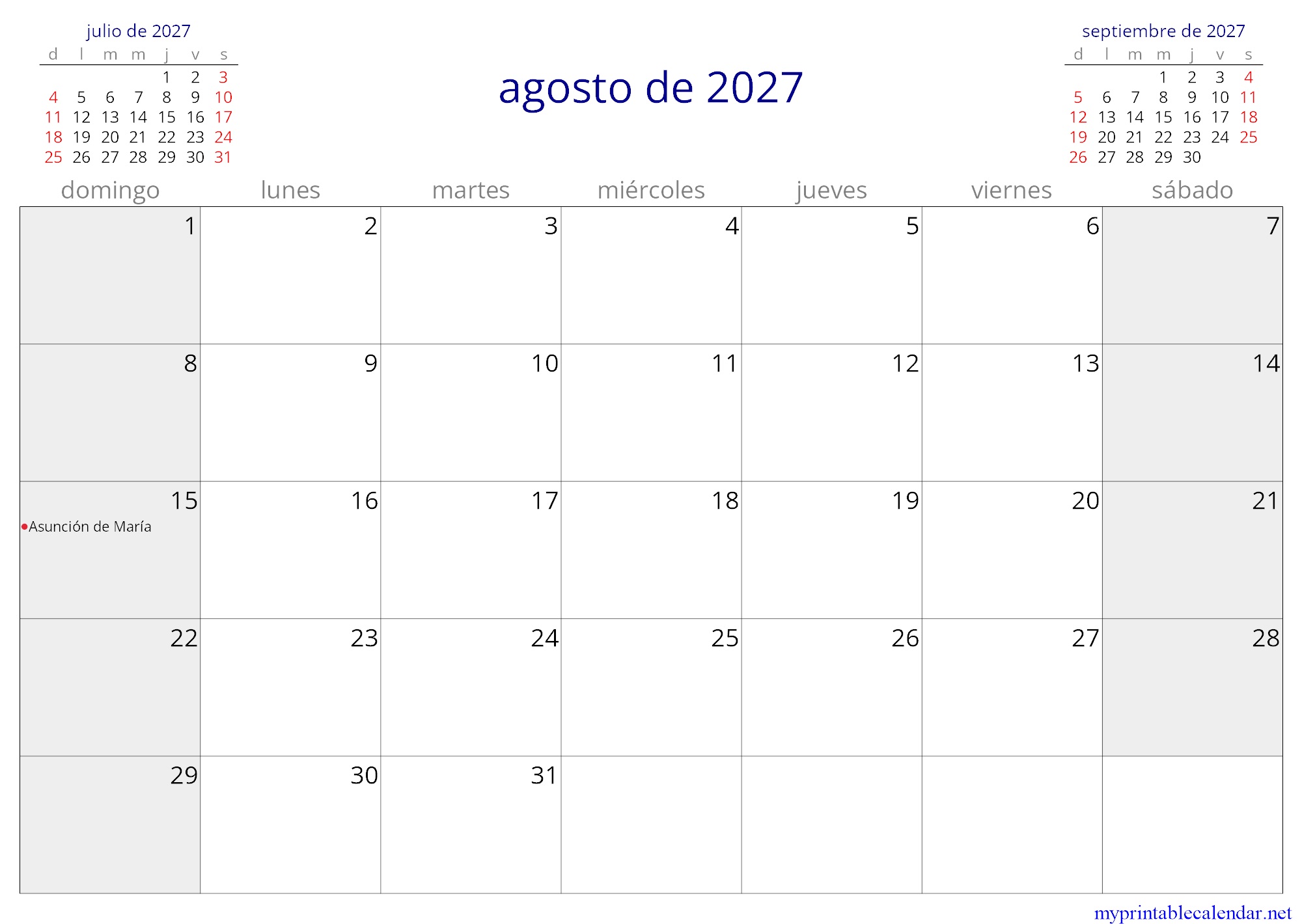 agosto de 2027 monthly calendar, Chile, Spanish jpg