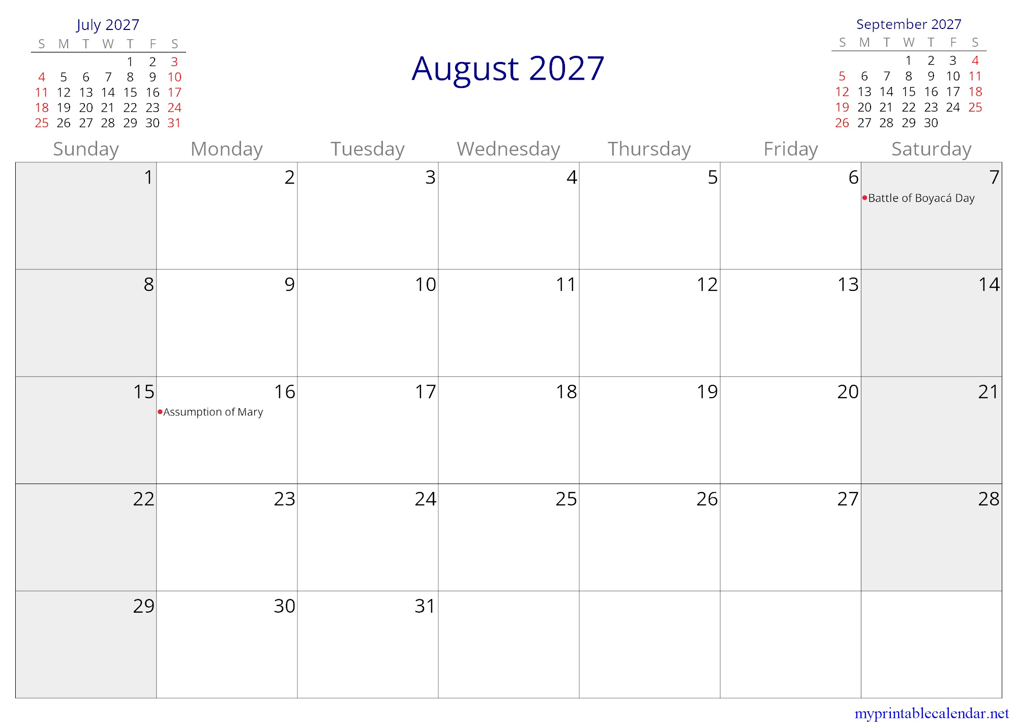 August 2027 monthly calendar, Colombia, in English jpg