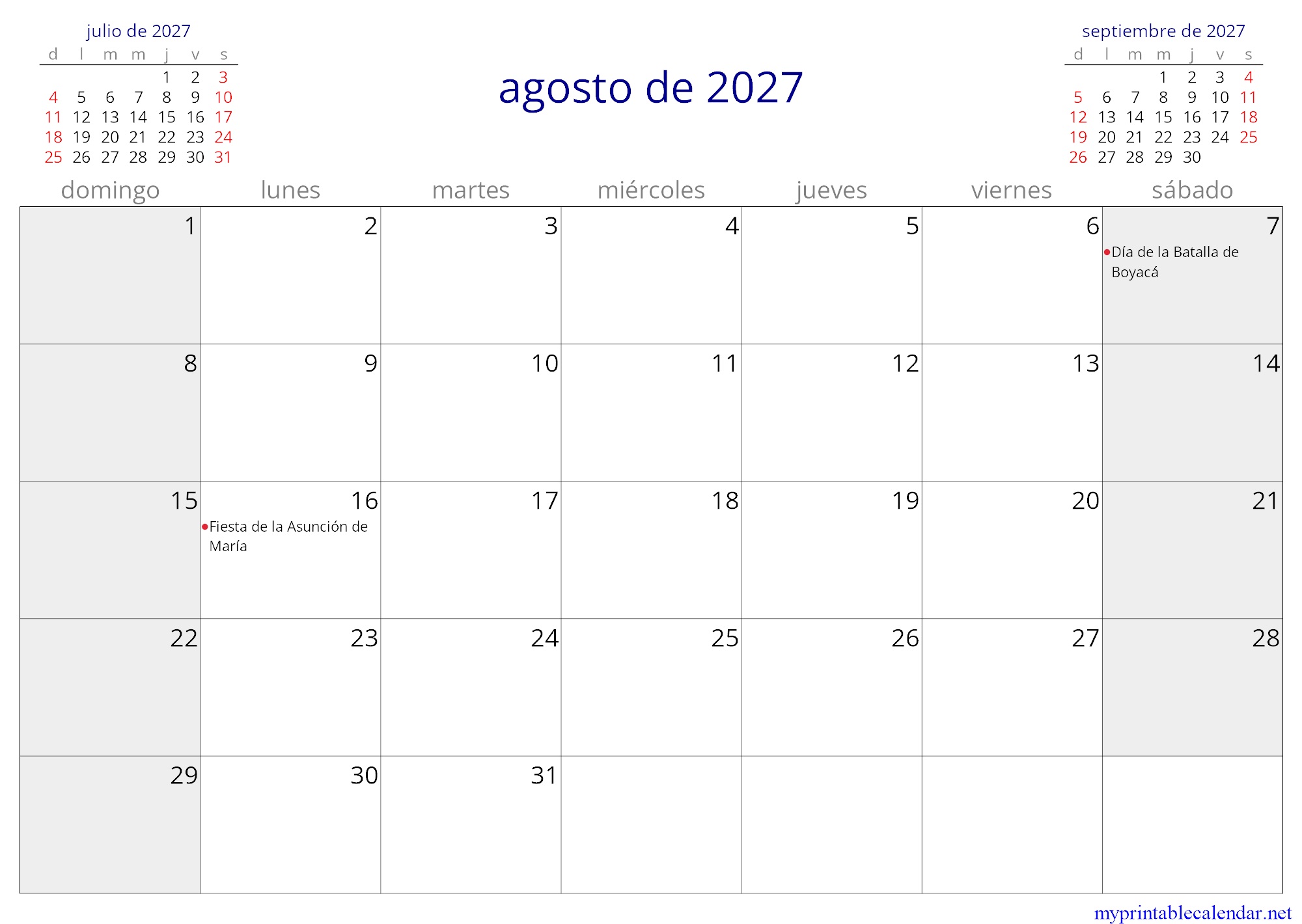 agosto de 2027 monthly calendar, Colombia, Spanish jpg
