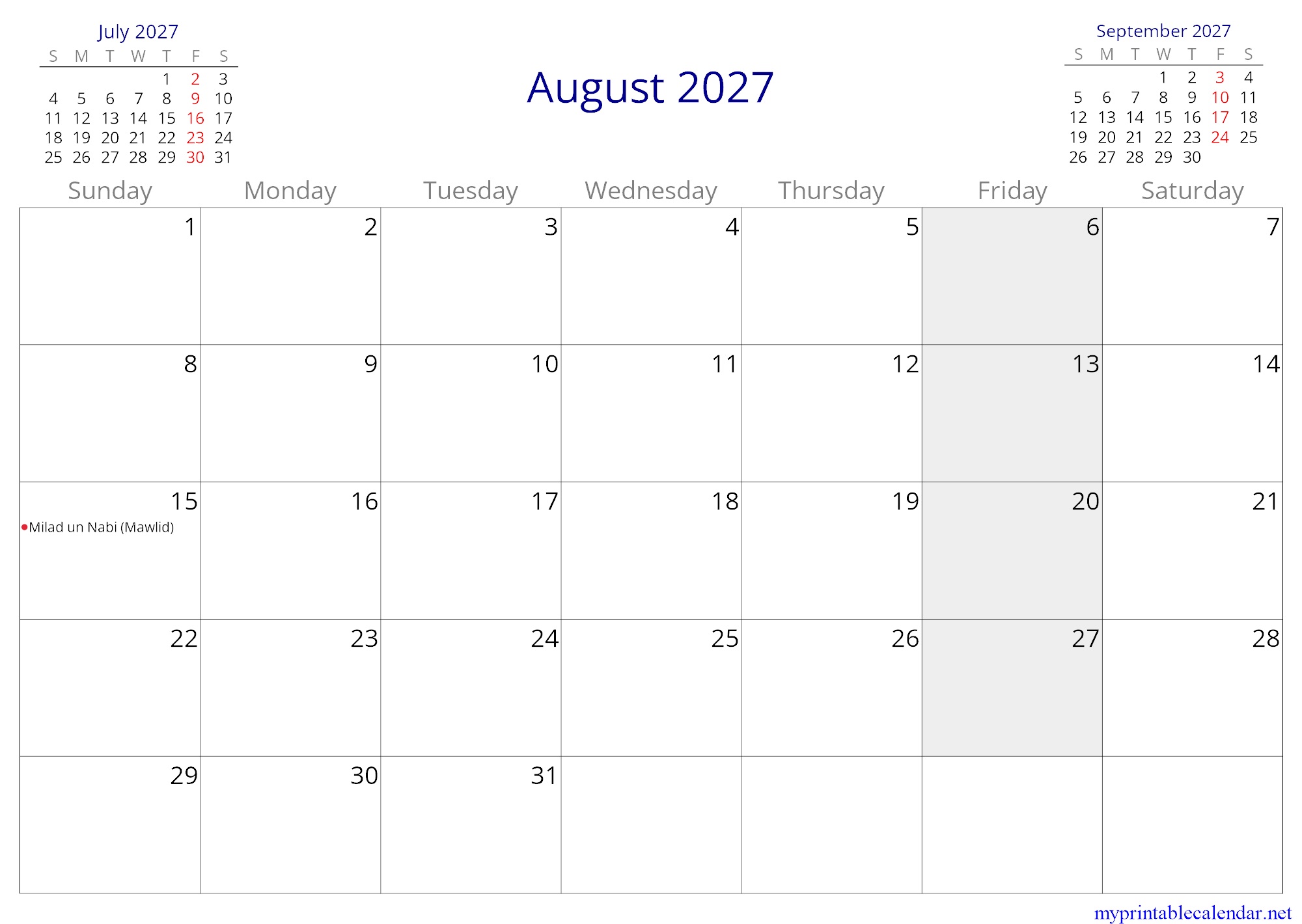 August 2027 monthly calendar, Djibouti, English jpg