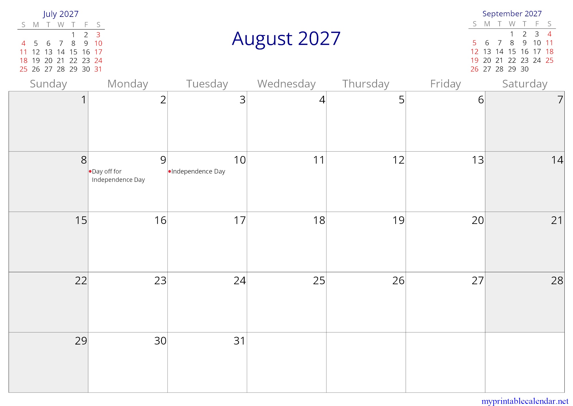 August 2027 monthly calendar, Ecuador, in English jpg