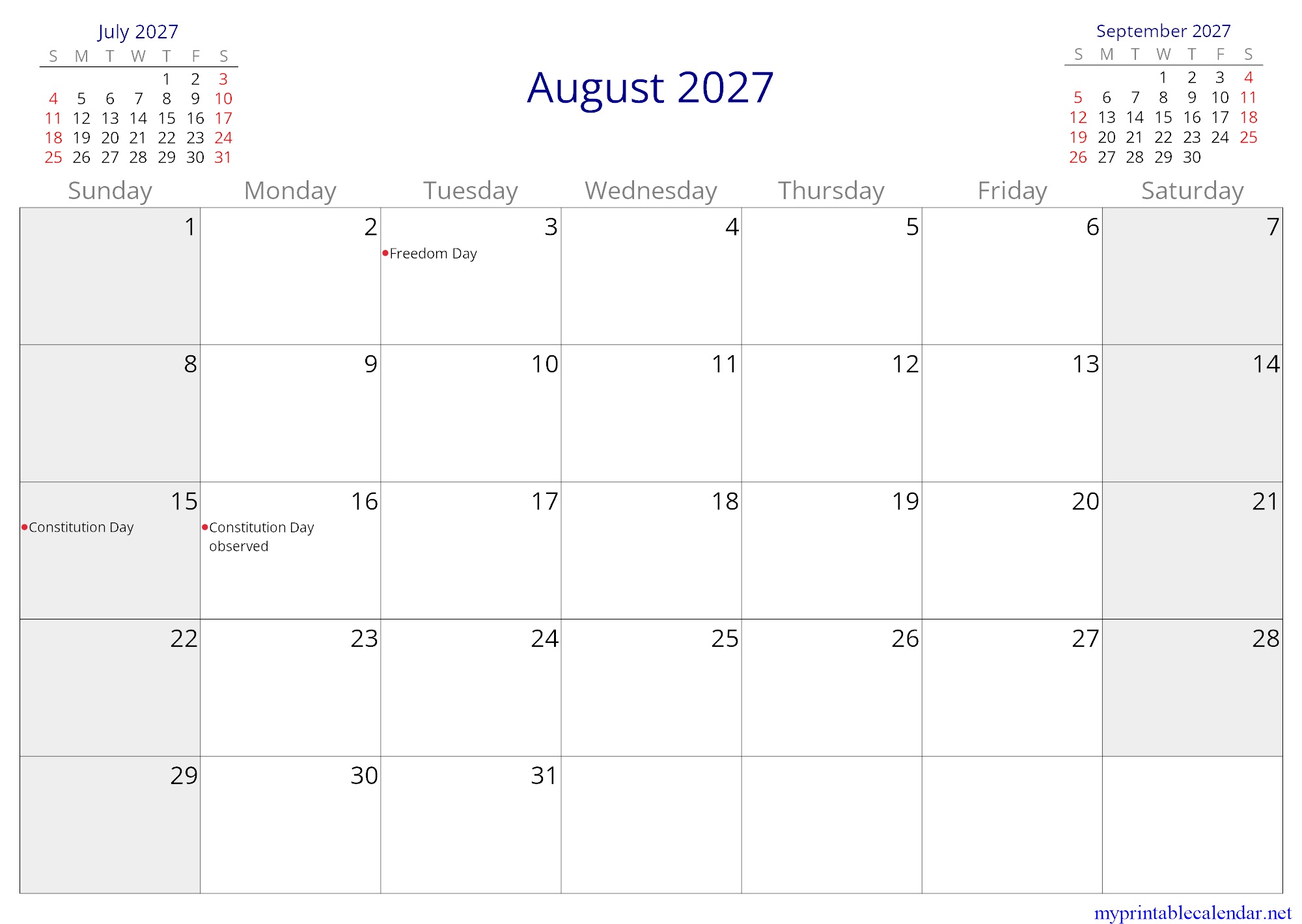 August 2027 monthly calendar, Equatorial Guinea, English jpg