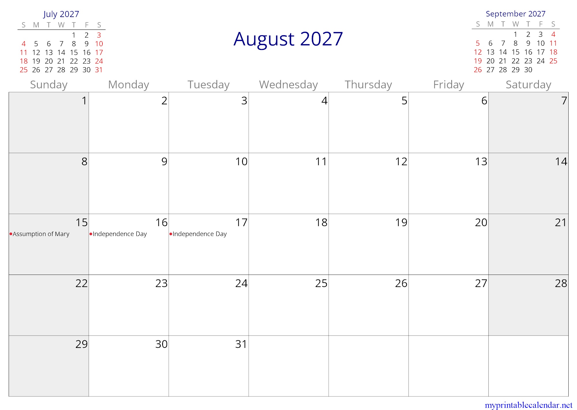 August 2027 monthly calendar, Gabon, in English jpg