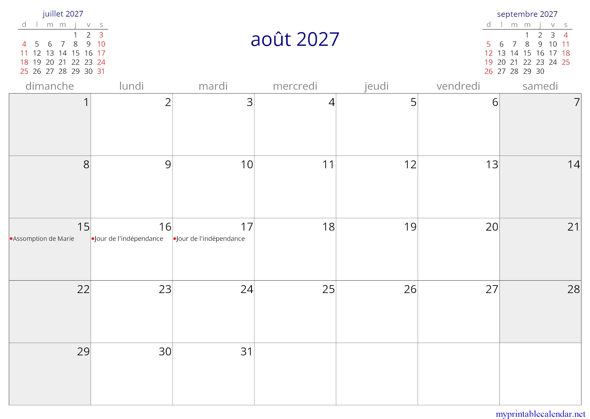 août 2027 monthly calendar, Gabon, French jpg
