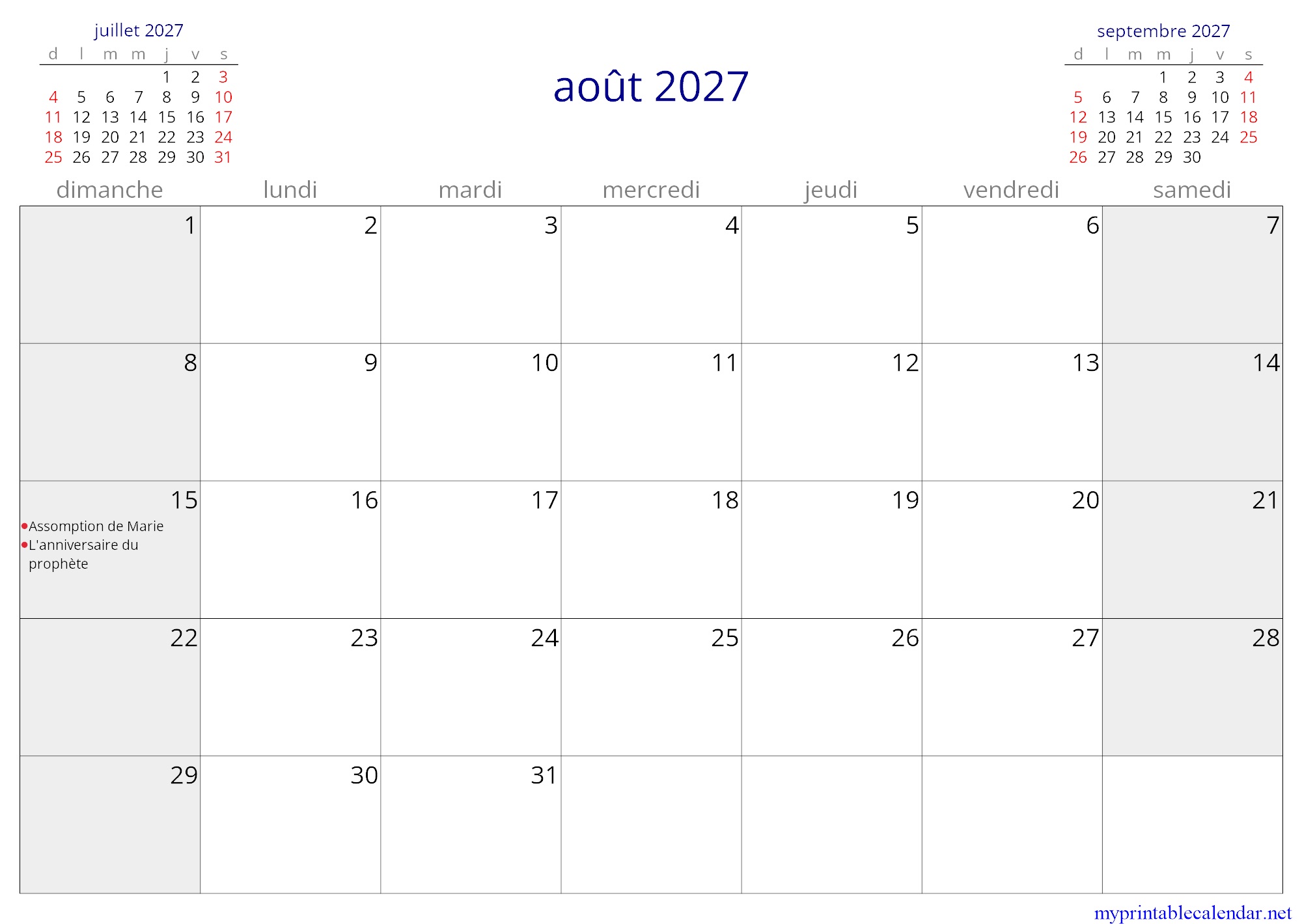 août 2027 monthly calendar, Guinea, French jpg