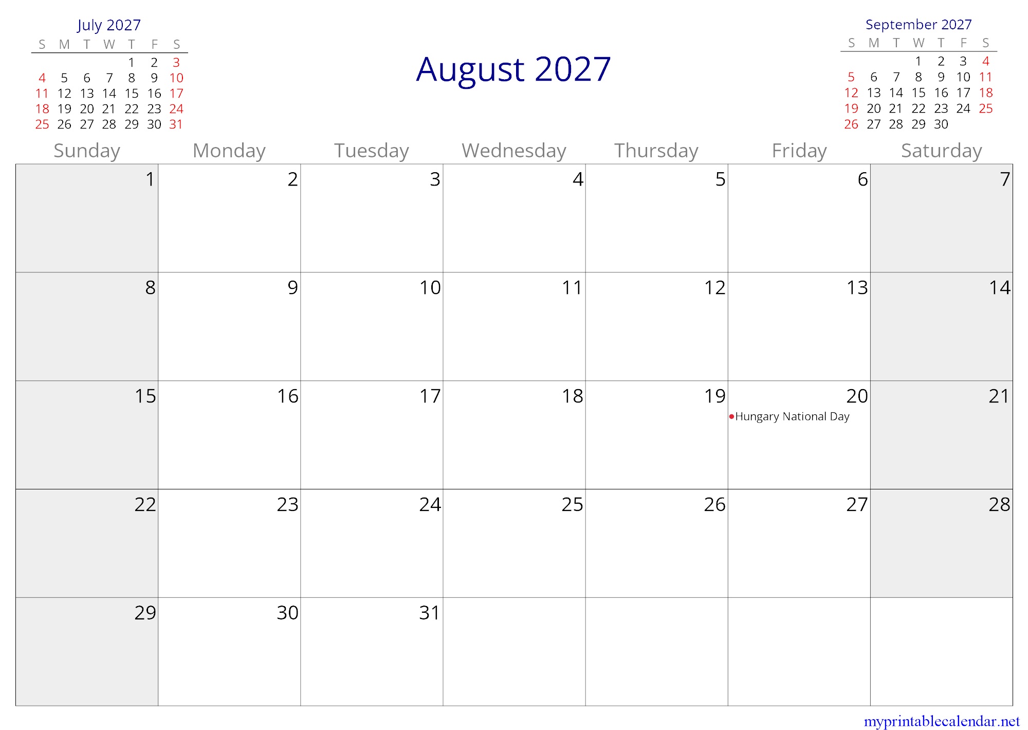 August 2027 monthly calendar, Hungary, in English jpg