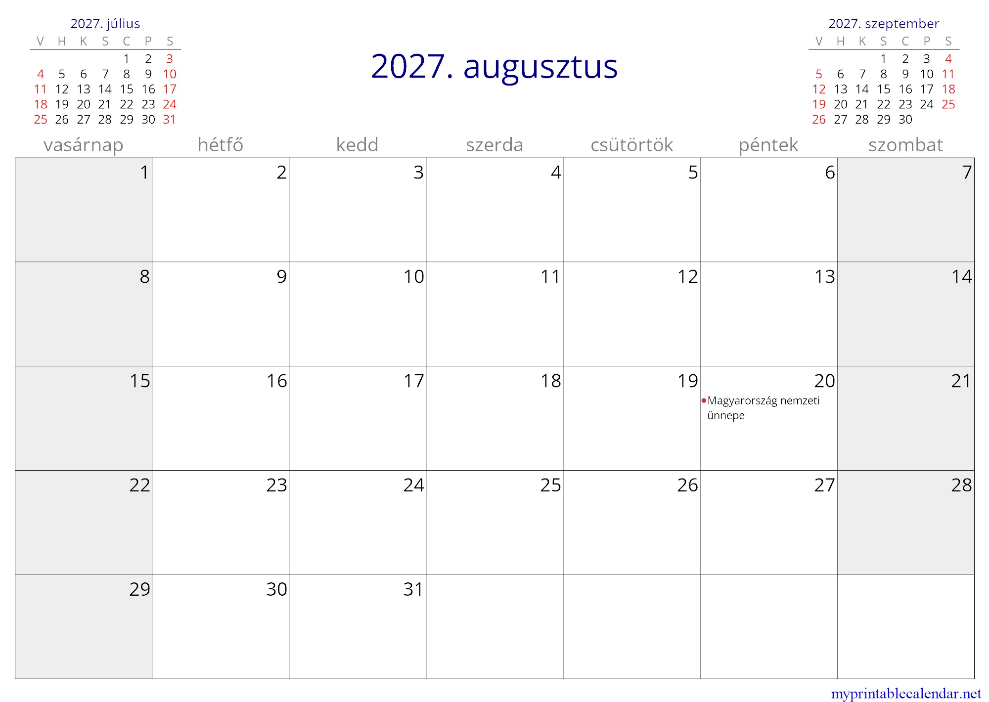 2027. augusztus monthly calendar, Hungary, Hungarian jpg