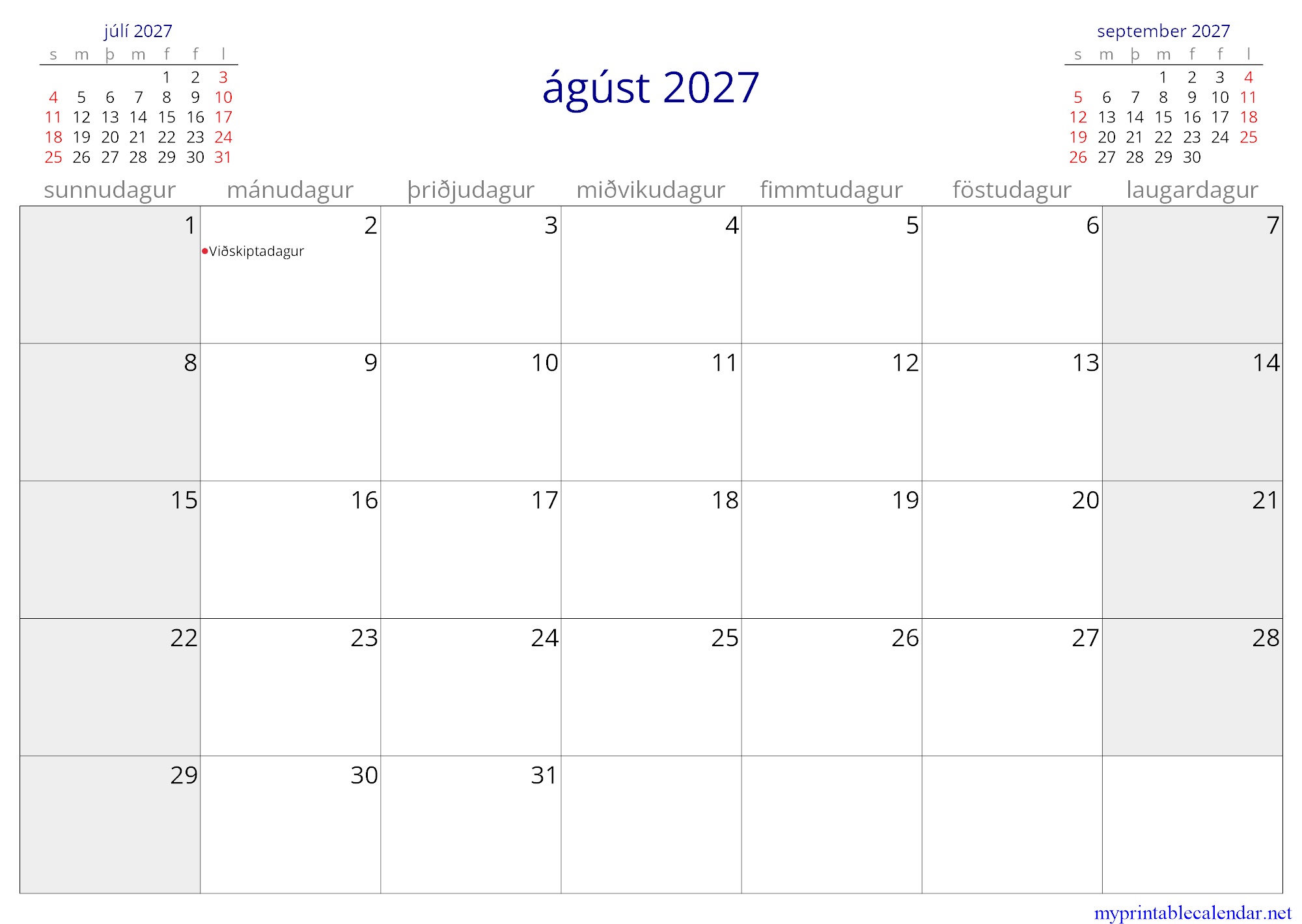ágúst 2027 monthly calendar, Iceland, Icelandic jpg