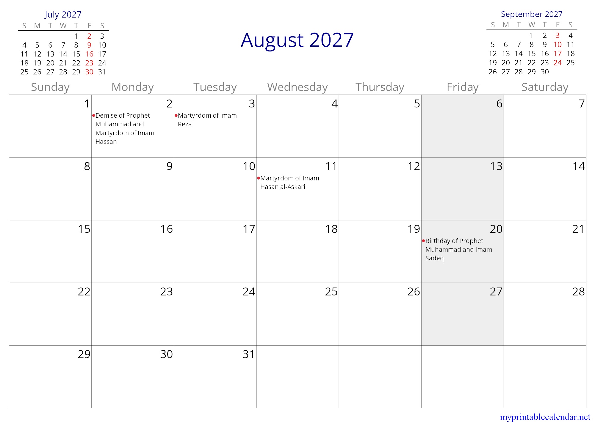 August 2027 monthly calendar, Iran, in English jpg