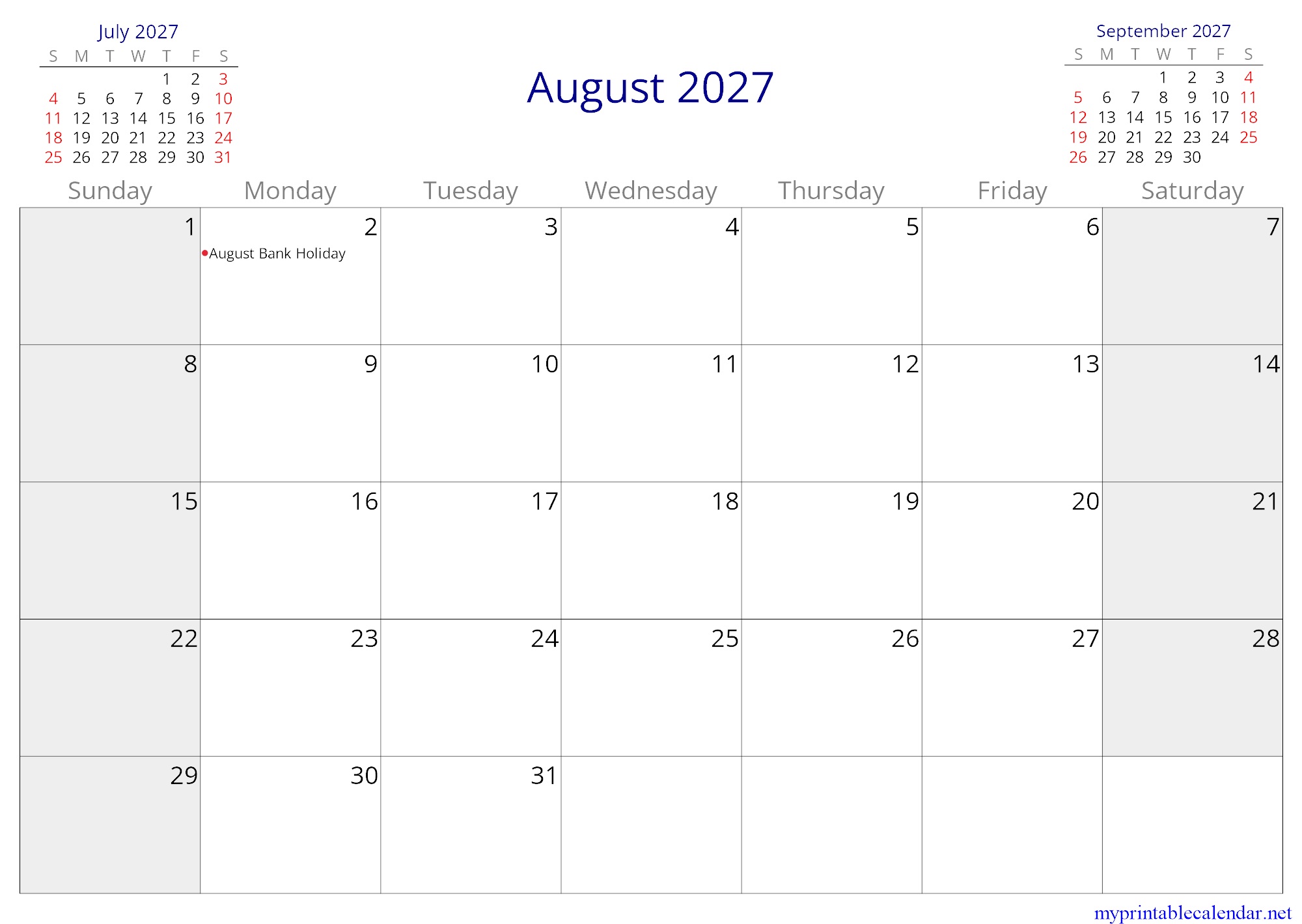 August 2027 monthly calendar, Ireland, English jpg