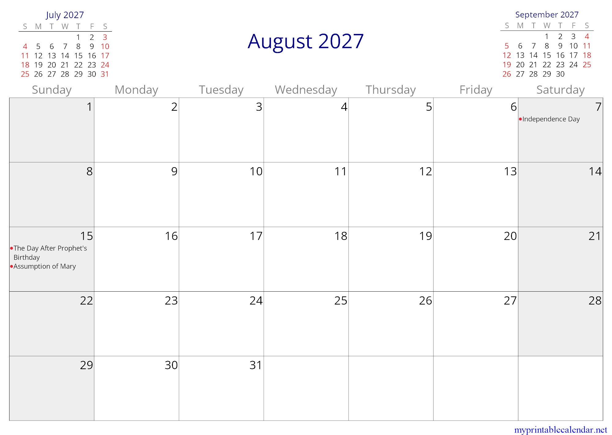August 2027 monthly calendar, Ivory Coast, in English jpg