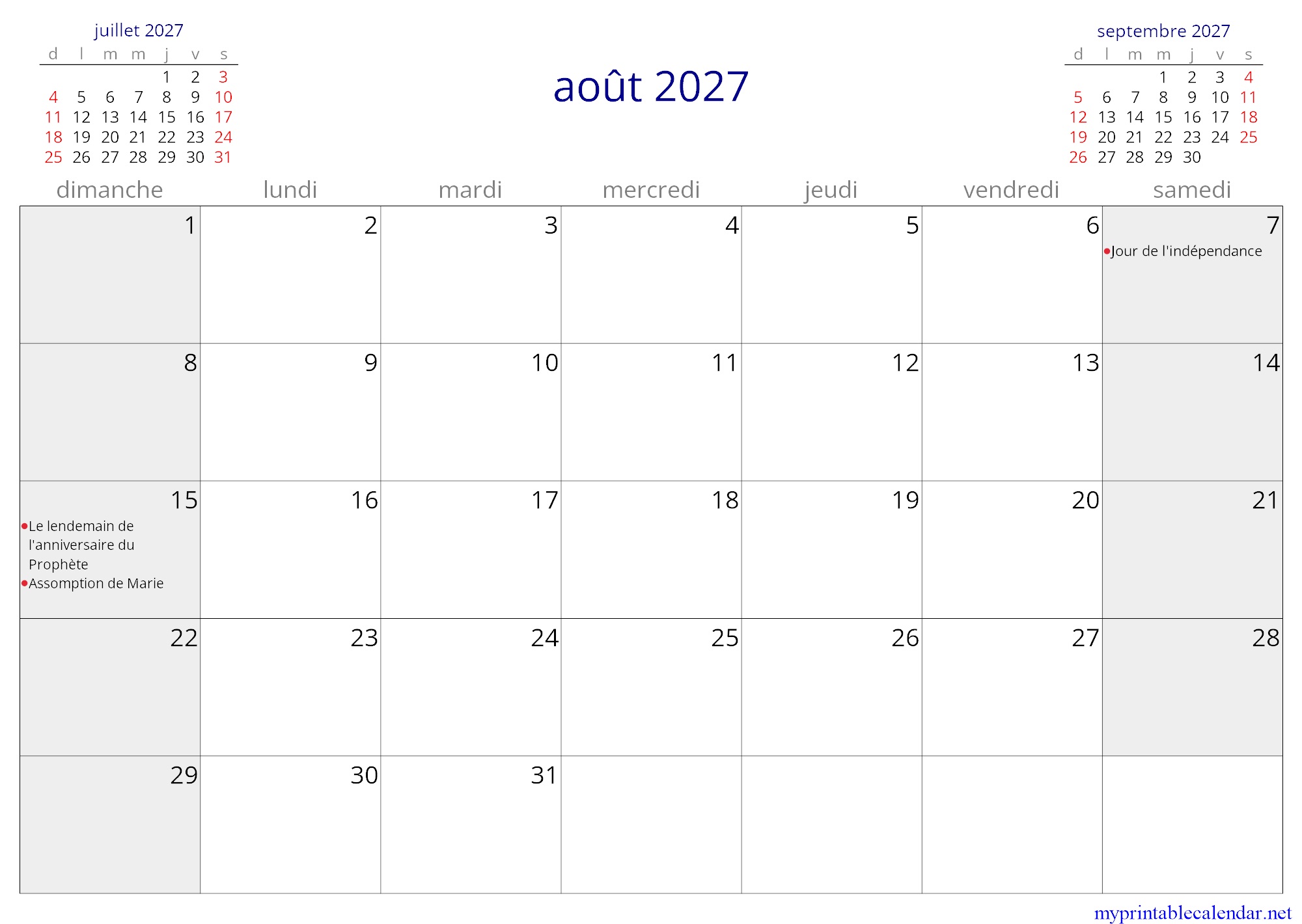 août 2027 monthly calendar, Ivory Coast, French jpg