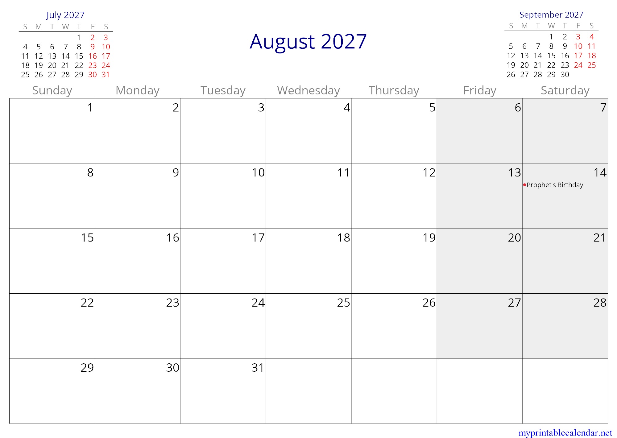 August 2027 monthly calendar, Jordan, in English jpg