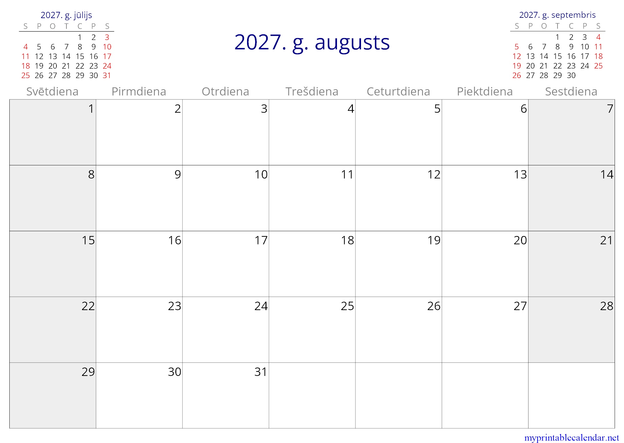 2027. g. augusts monthly calendar, Latvia, Latvian jpg