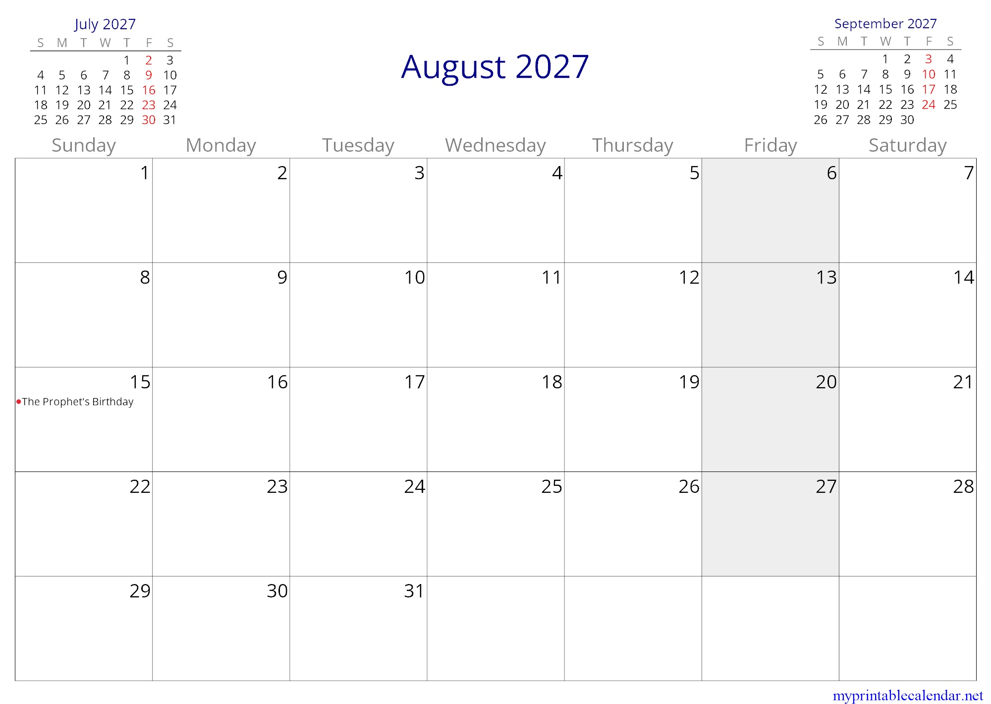 August 2027 monthly calendar, Libya, in English jpg
