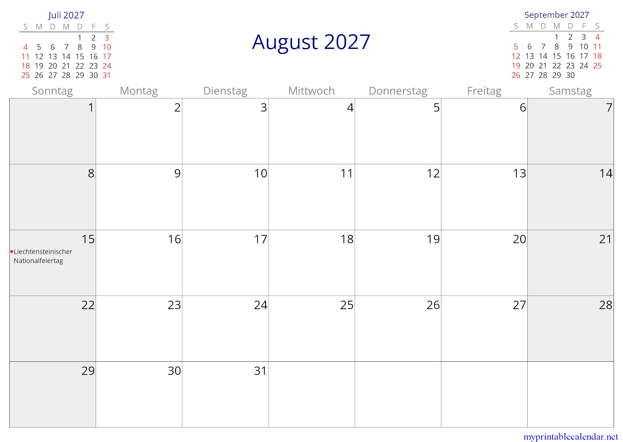 August 2027 monthly calendar, Liechtenstein, German jpg