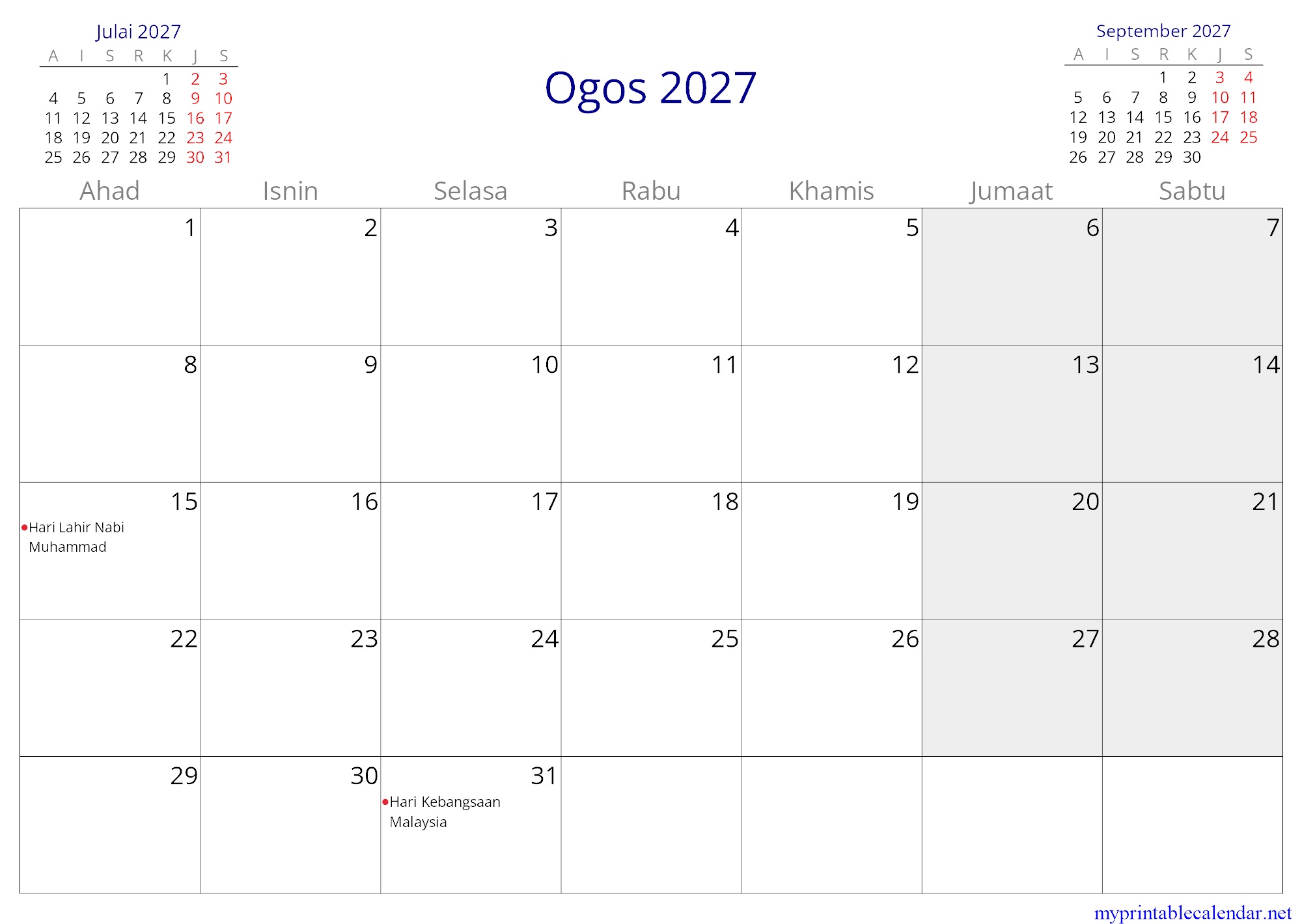 Ogos 2027 monthly calendar, Malaysia, Malay jpg