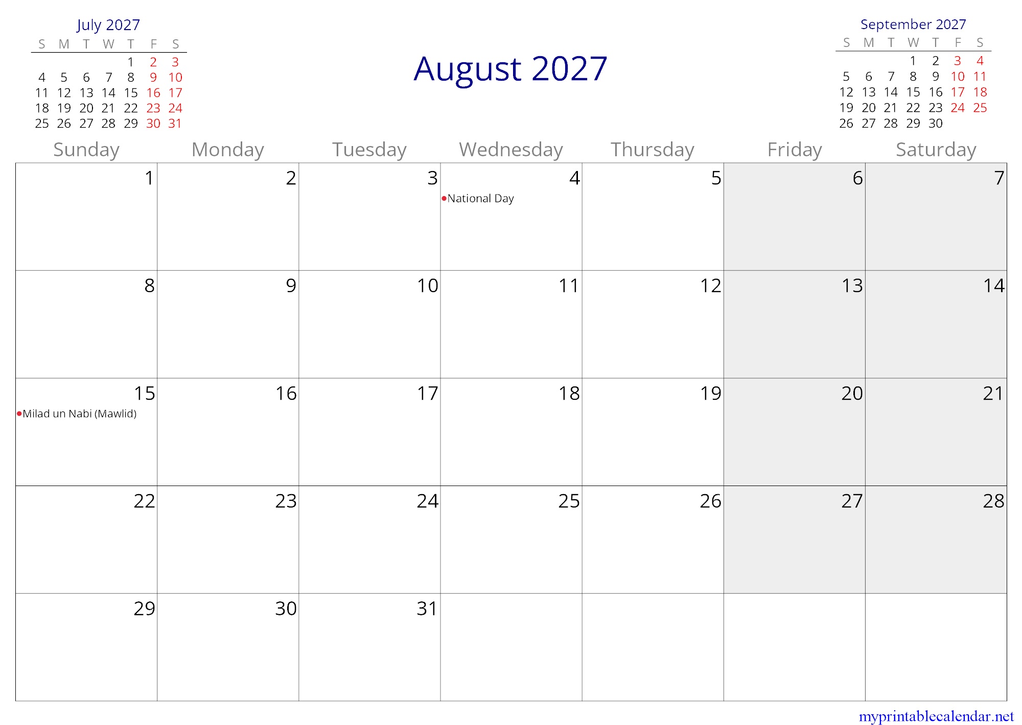 August 2027 monthly calendar, Maldives, English jpg