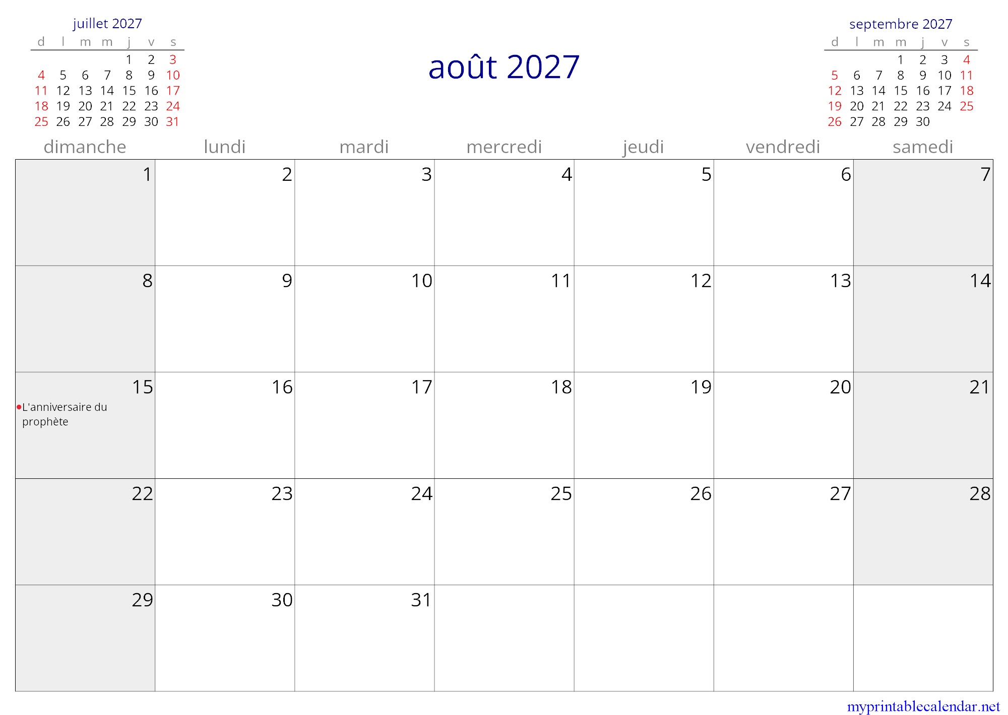 août 2027 monthly calendar, Mali, French jpg