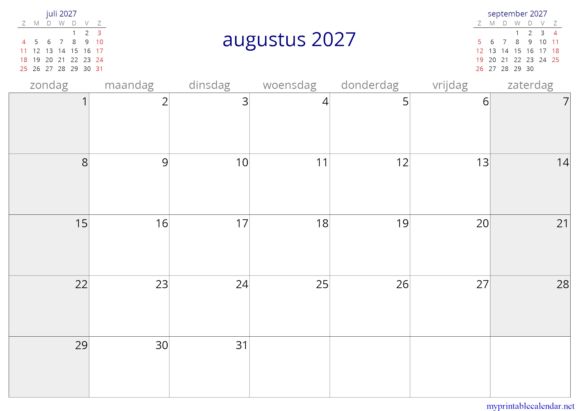 augustus 2027 monthly calendar, Netherlands, Dutch jpg